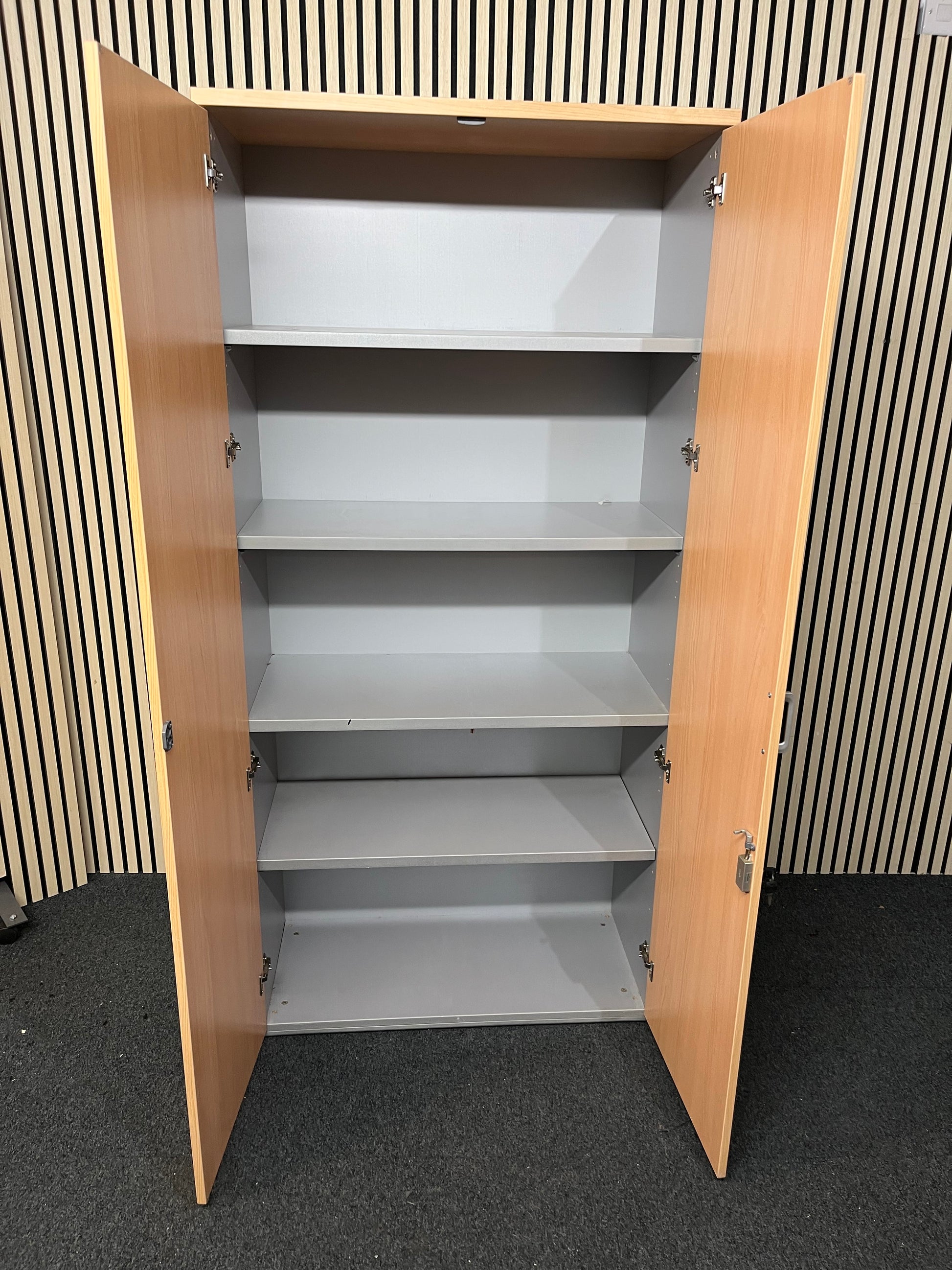 Actiu Tall beech laminate 2 door storage unit, grey carcass with shelves 186Hx42Dx89W