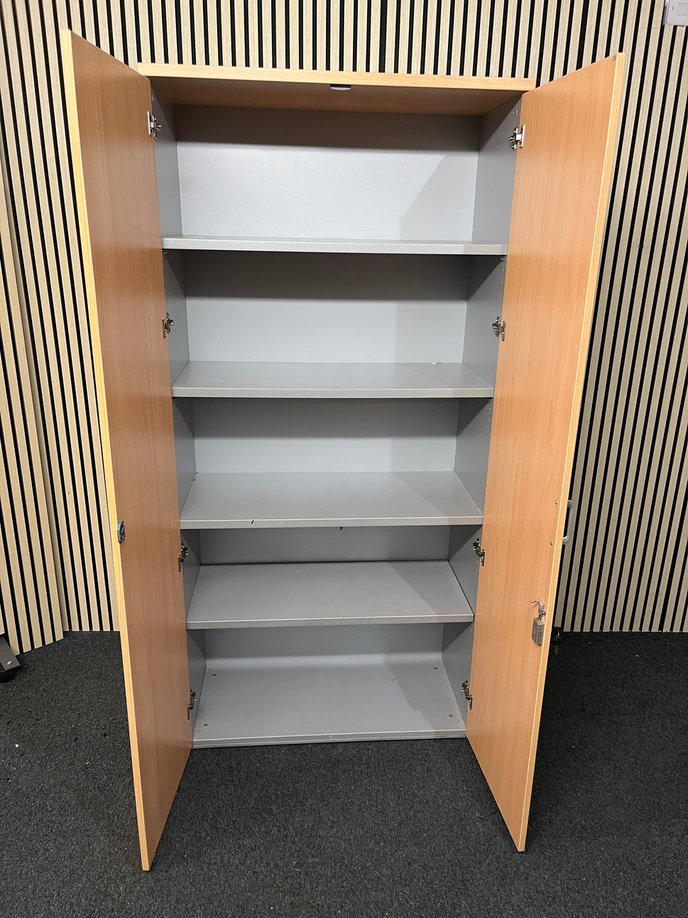 Actiu Tall beech laminate 2 door storage unit, grey carcass with shelves 186Hx42Dx89W