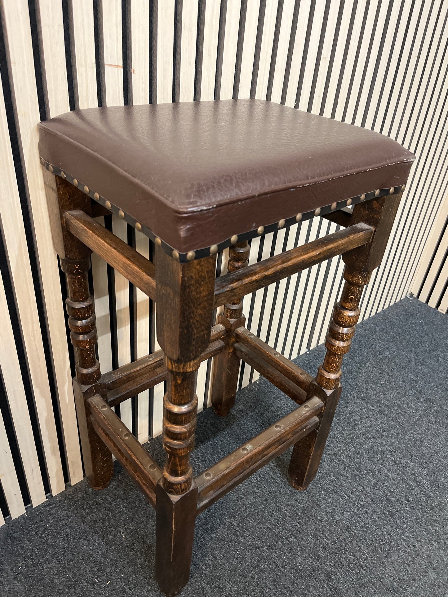 Tall solid wood bar stool with brown leatherette seat top 2425