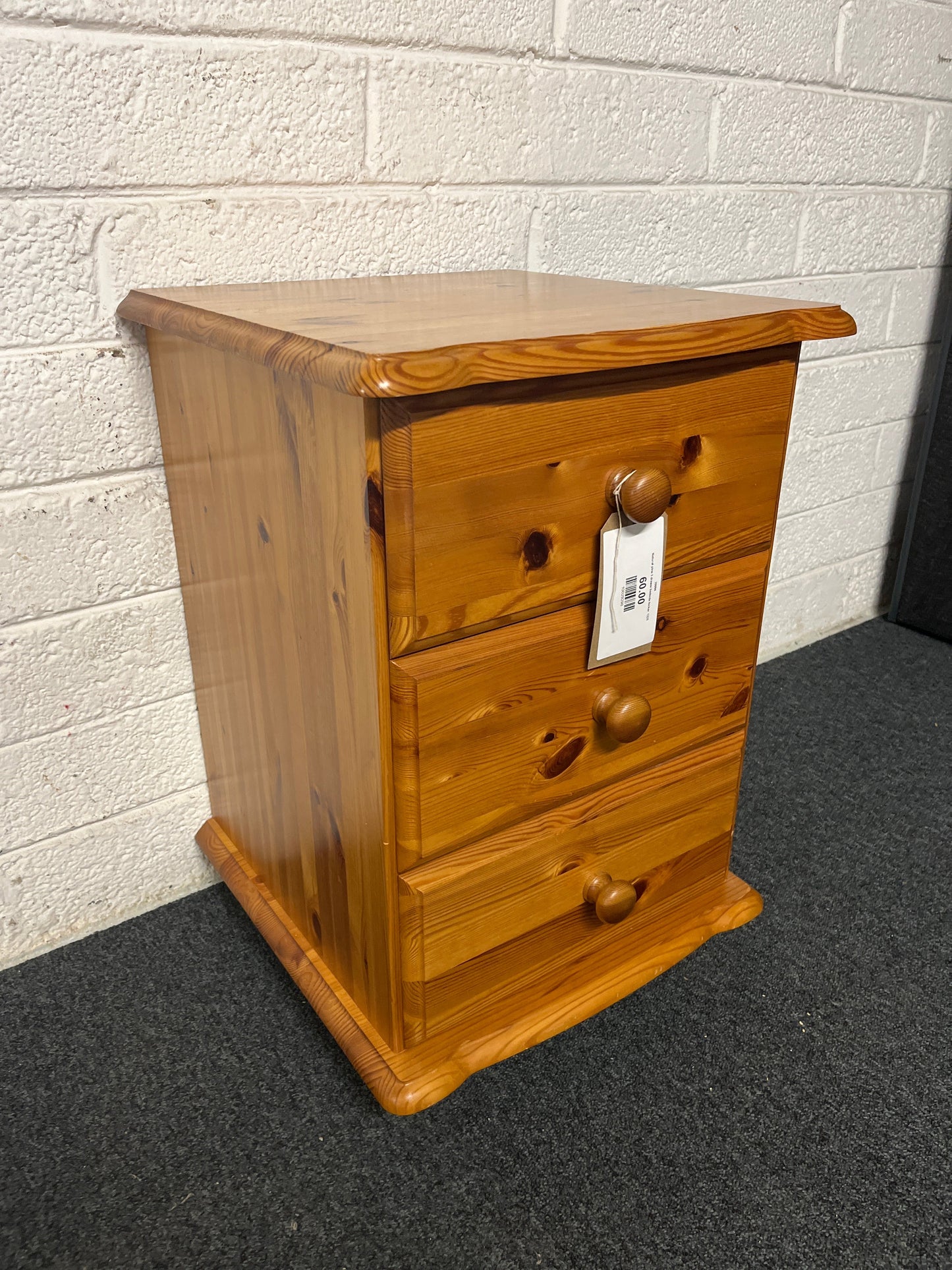 Natural pine 3 drawer bedside locker  1225