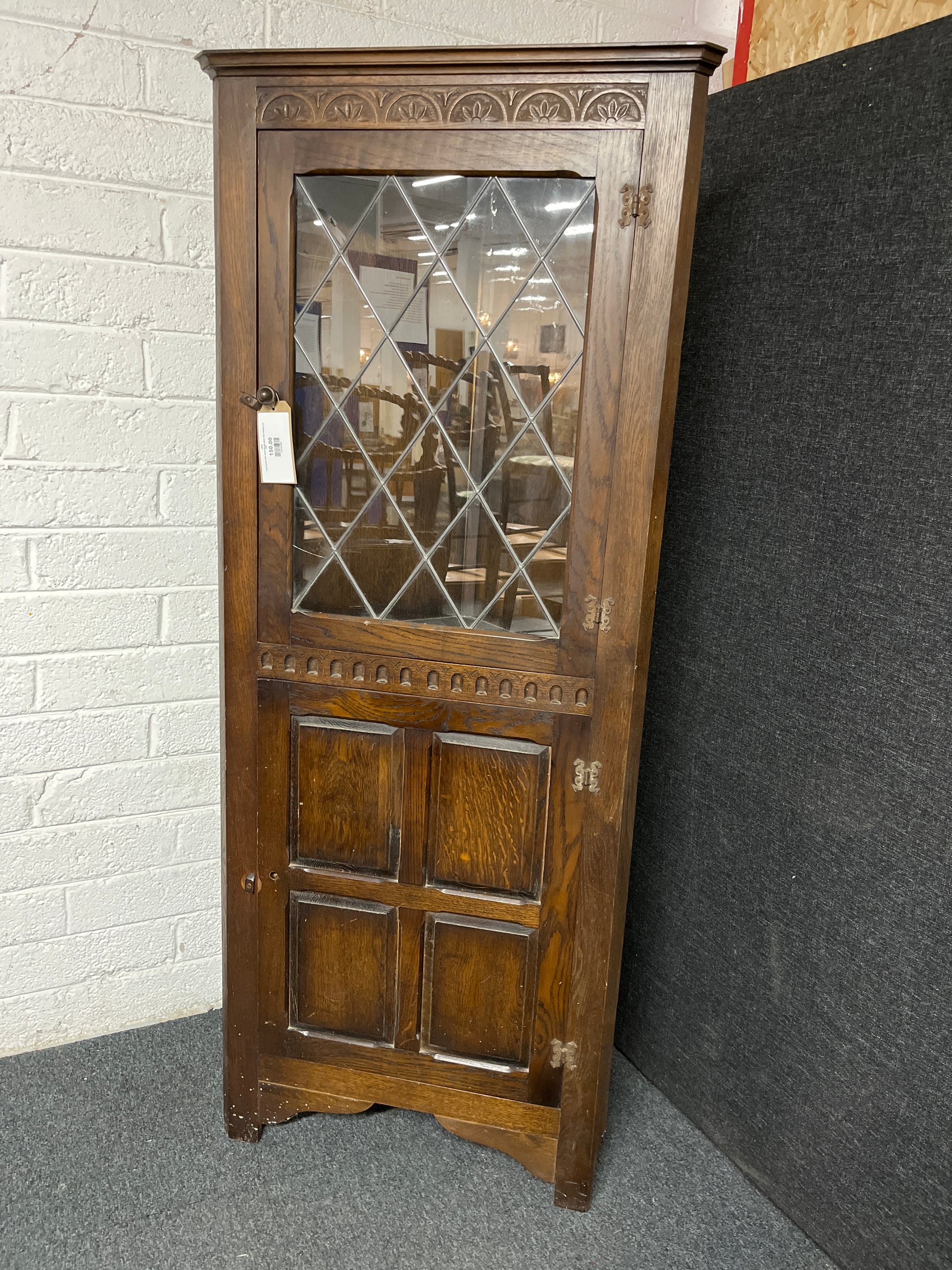 Ercol corner dark wood stained glass door display unit 3225