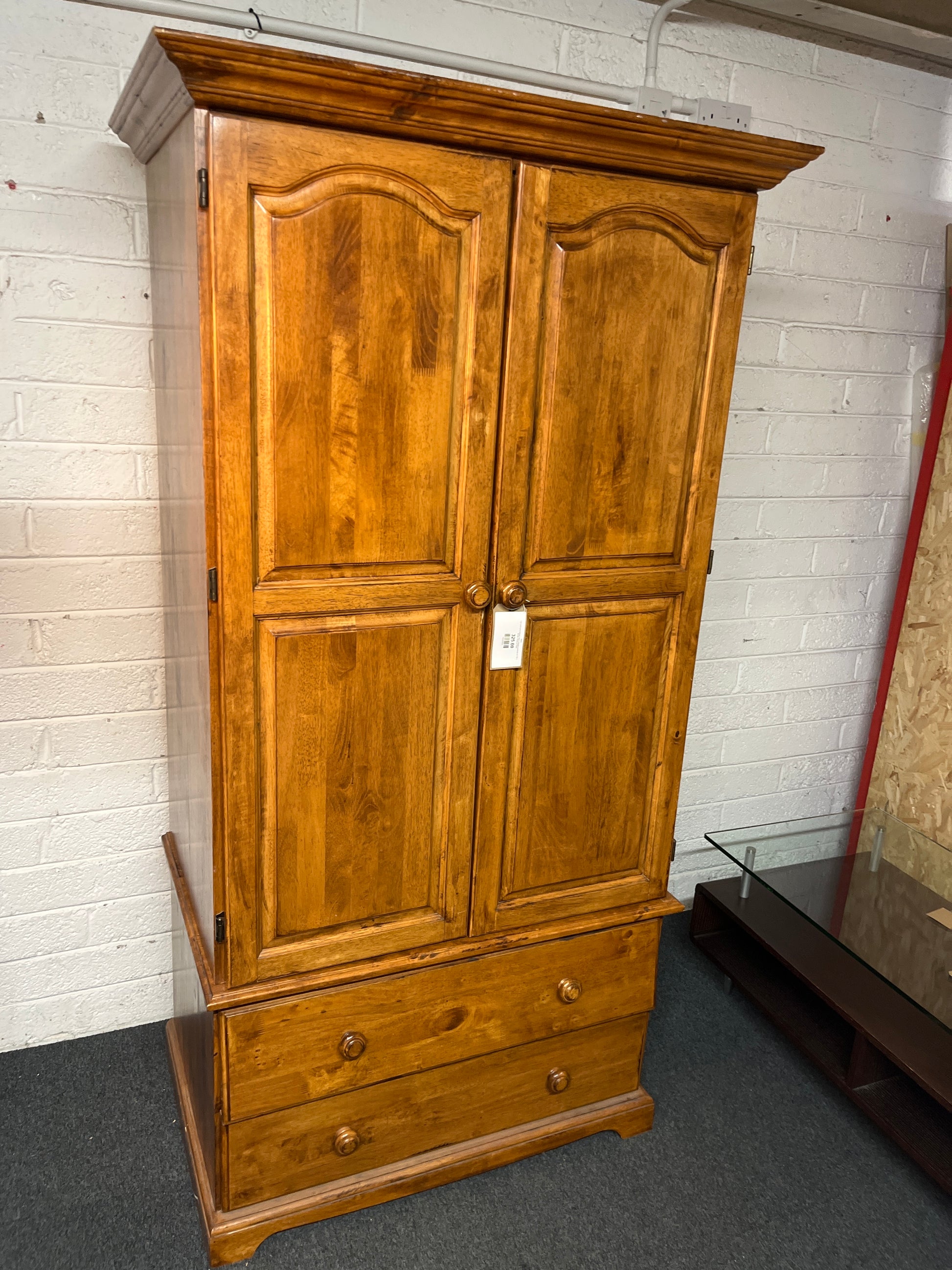 Tall solid pine stained 2 door 2 drawer wardrobe (H 198 x W 105 x D 65 cm) 3225