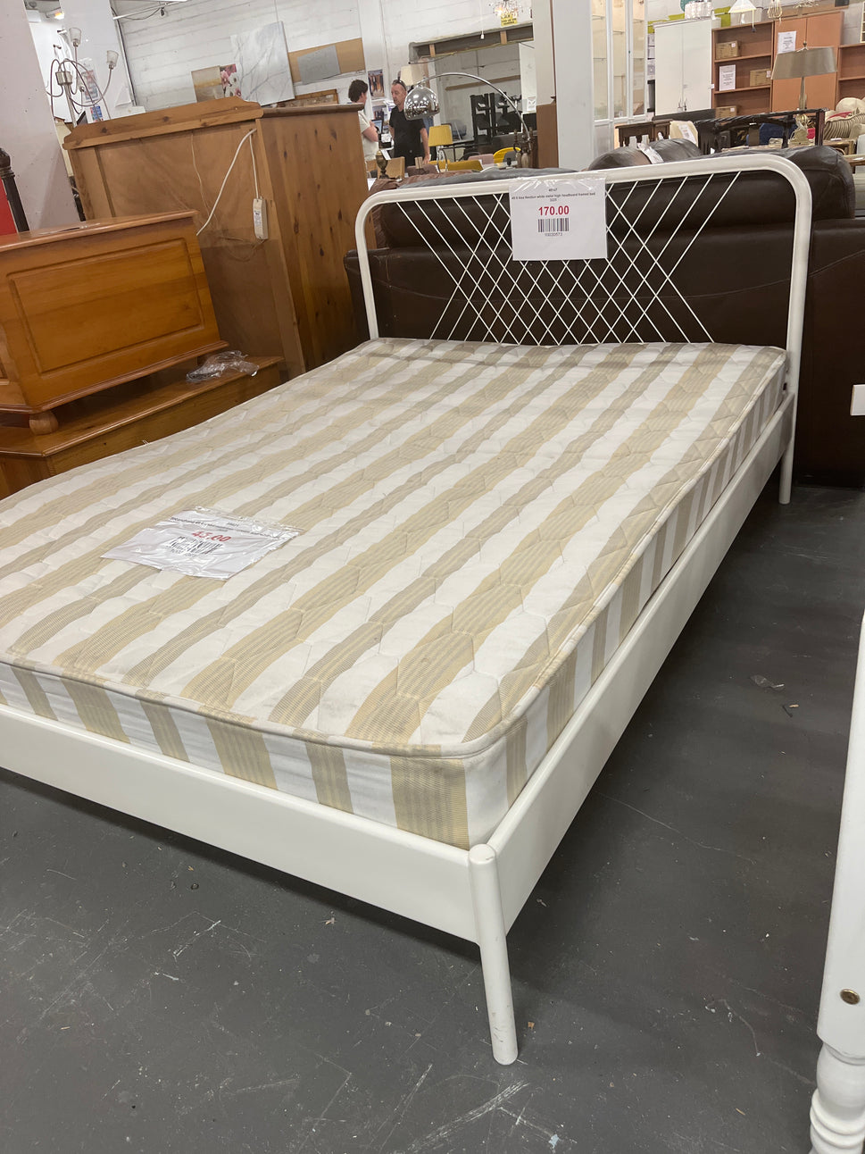4ft 6 Ikea Nesttun white metal high headboard framed bed 3225