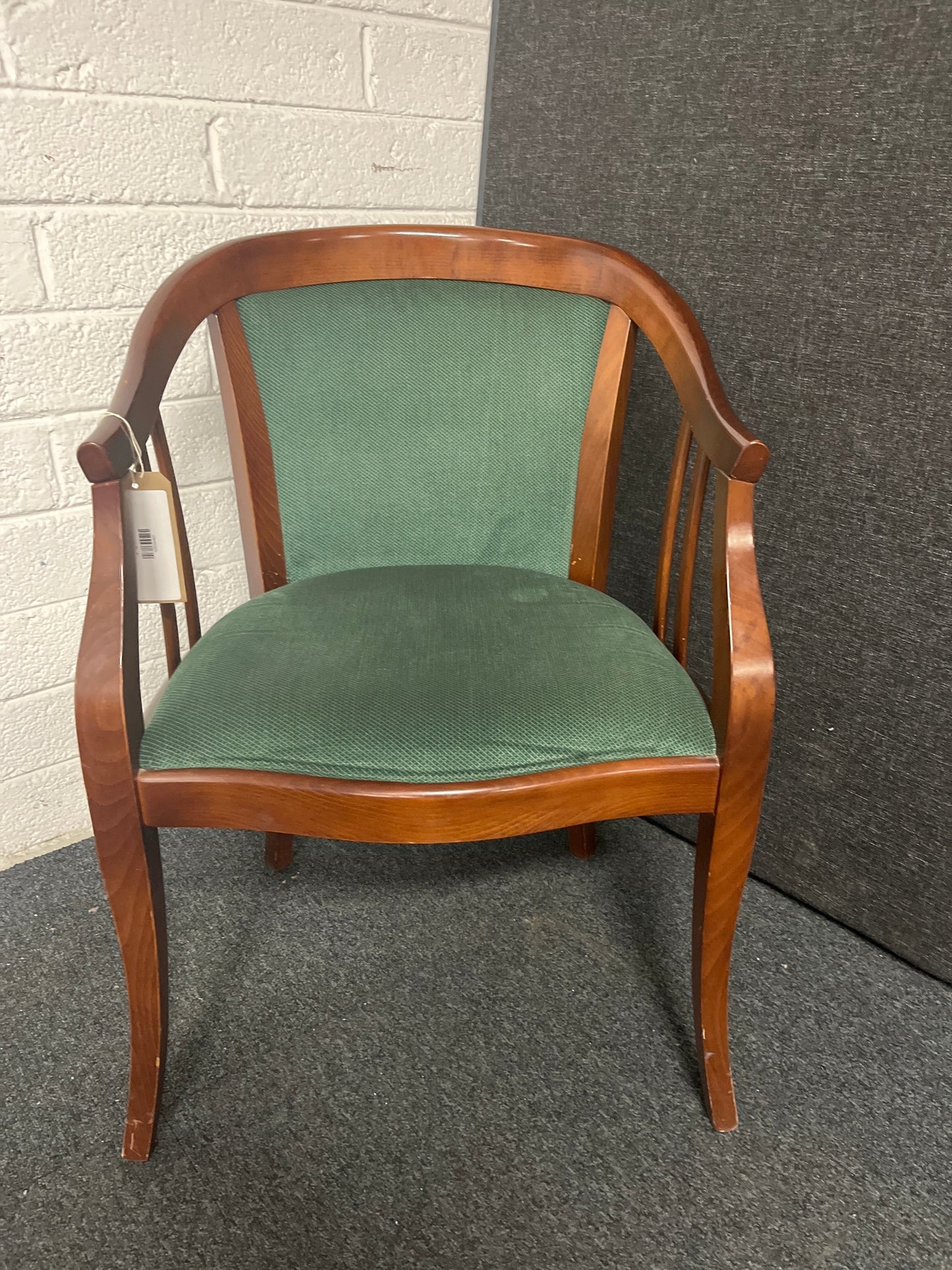 Solid beech stained occasional club chair, mixed green fabric seat and back 1225