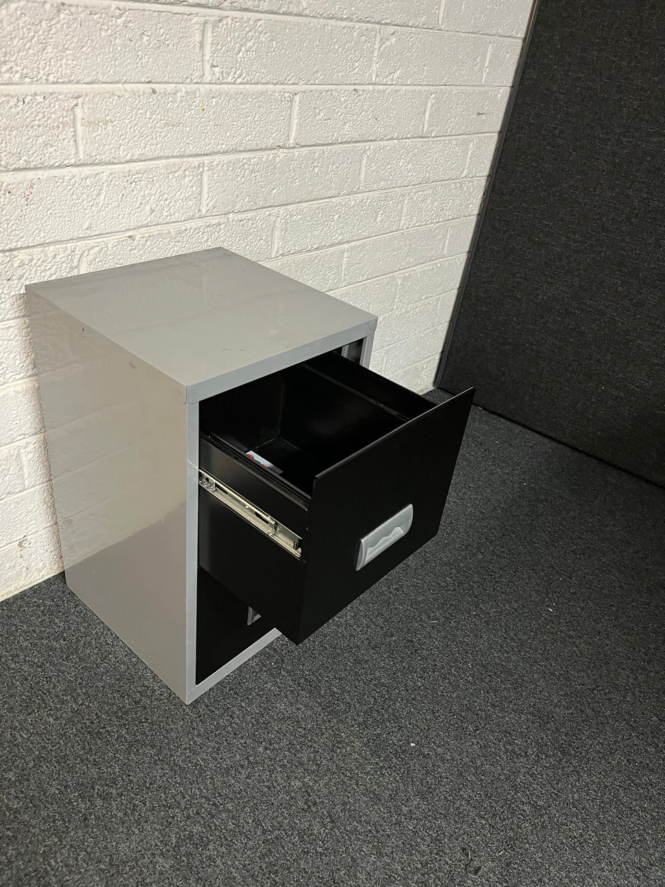 SECONDHAND Small black and grey metal A4 filing cabinet (no lock)