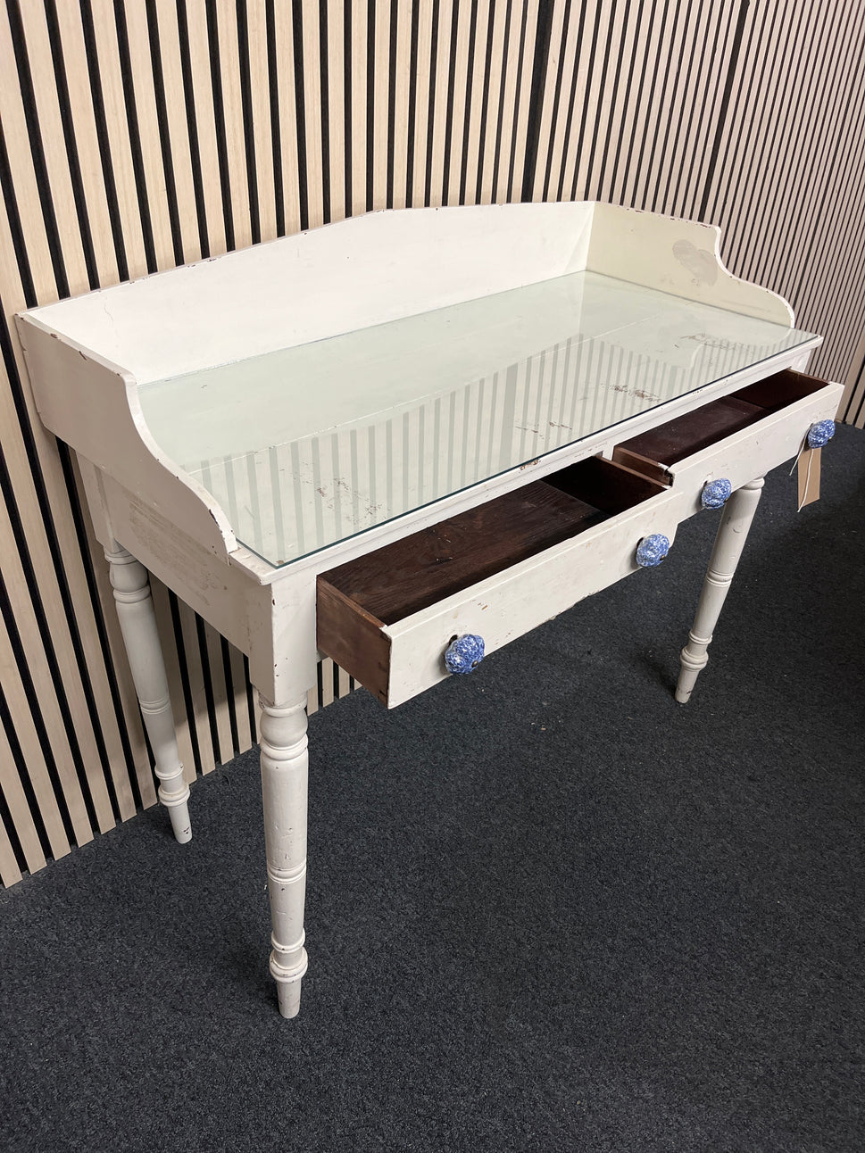 Solid wood white painted 2 drawer bedroom dressing table with glass top (H 95 x W 108 x D 50 cm)  44294