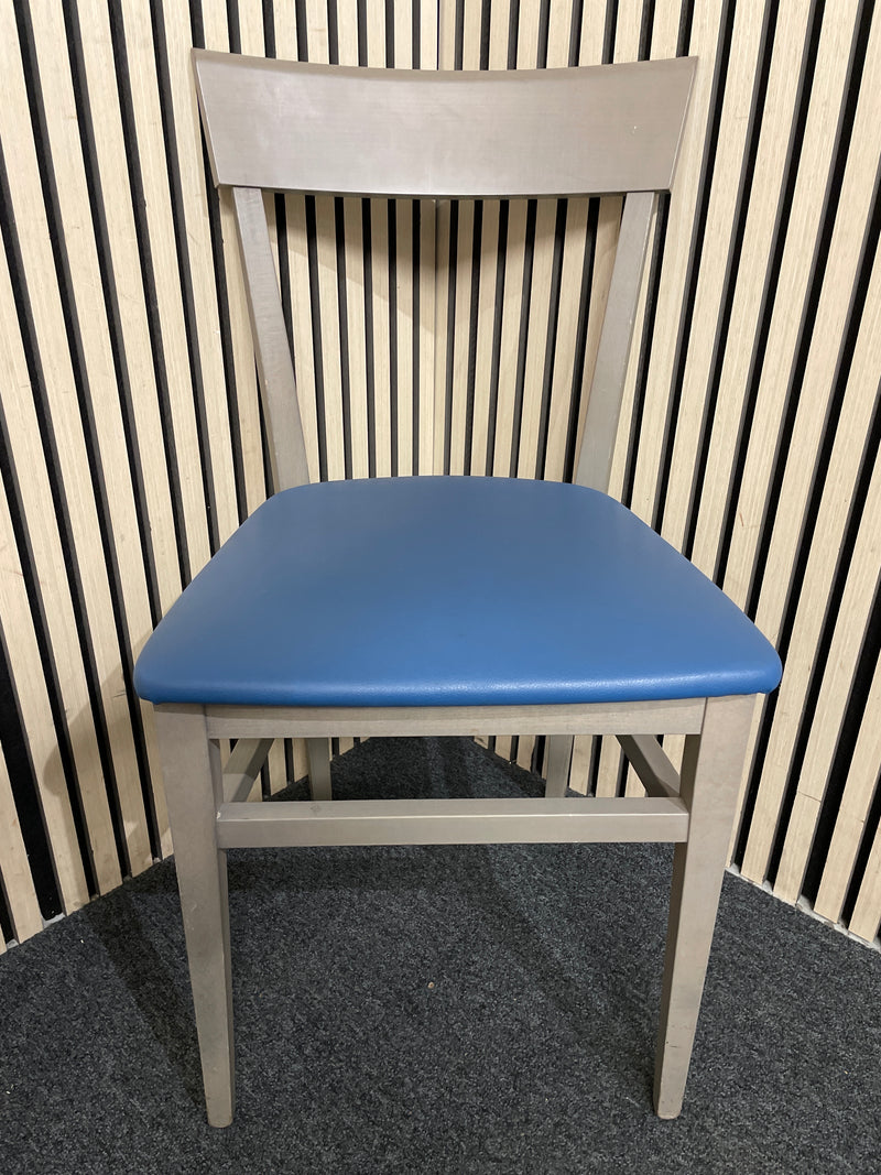 Modern grey cafe chair with blue faux leather seat.  44552