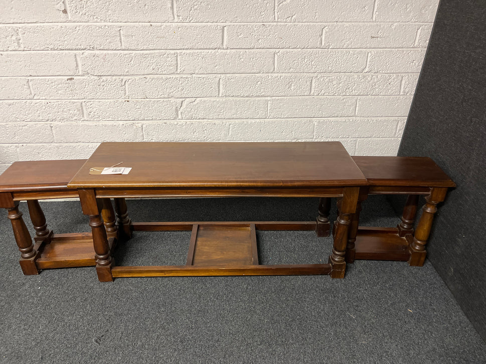 Low solid mahogany stained rectangular coffee table with insert side tables 2225
