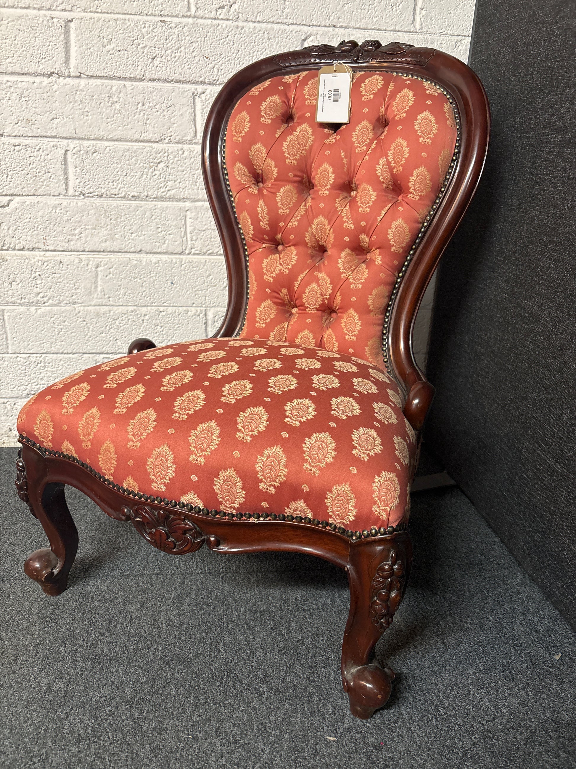 Mahogany framed armchair with wine and gold pattern 3225