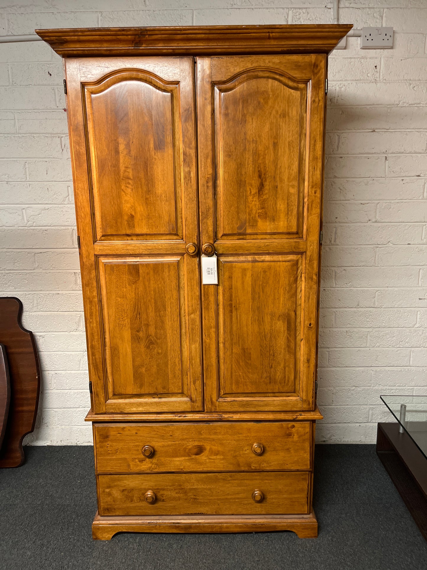 Tall solid pine stained 2 door 2 drawer wardrobe (H 198 x W 105 x D 65 cm) 3225