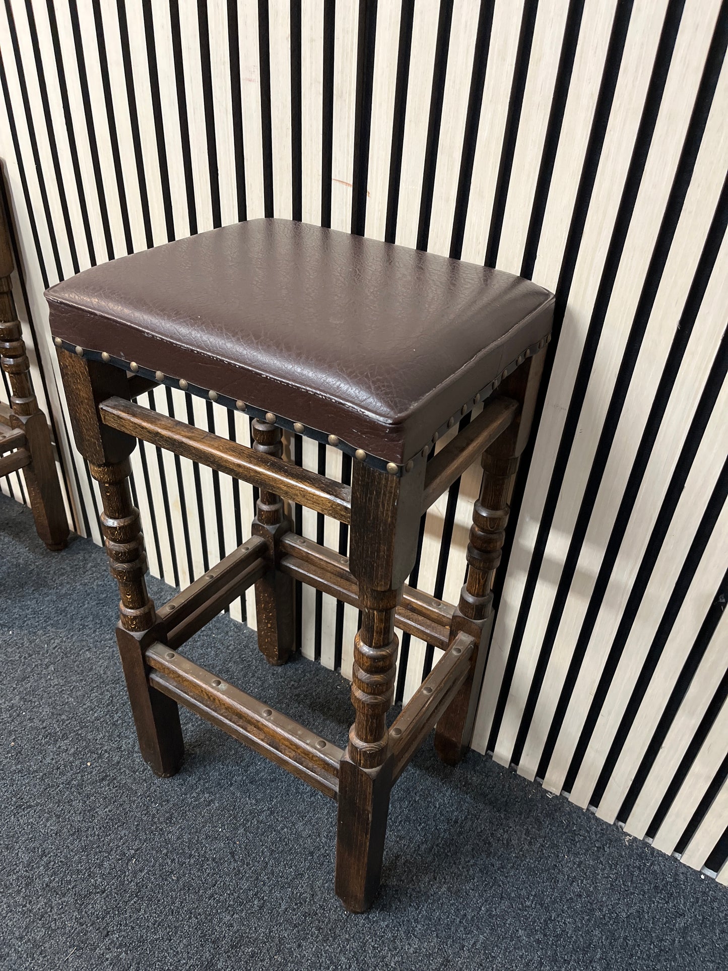 Tall solid wood bar stool with brown leatherette seat top 2425