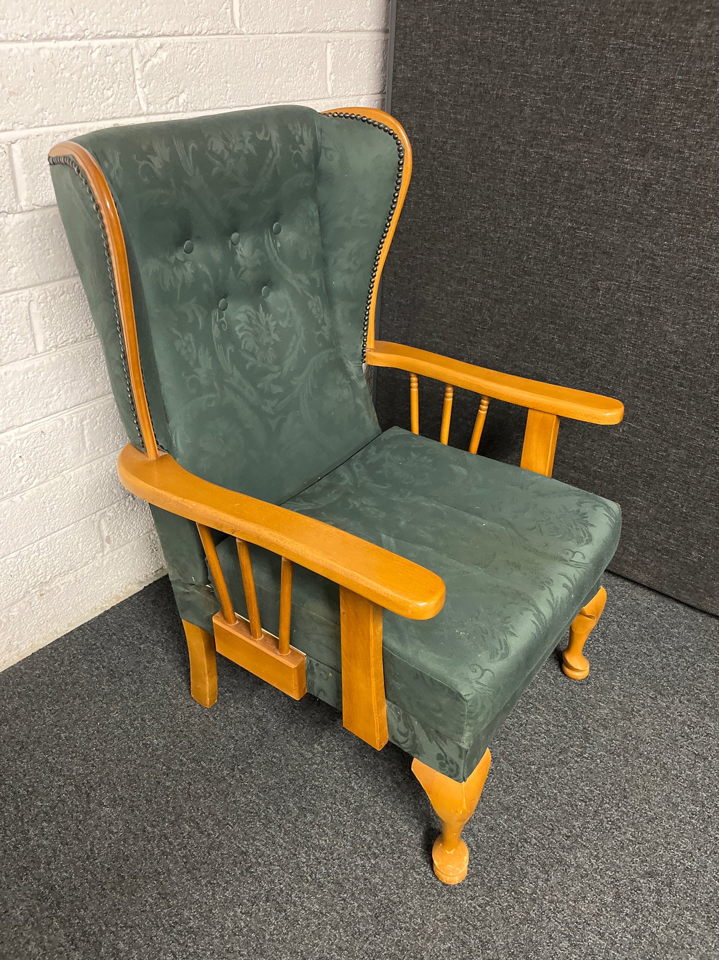 Solid hardwood fireside armchair, green fabric 2225