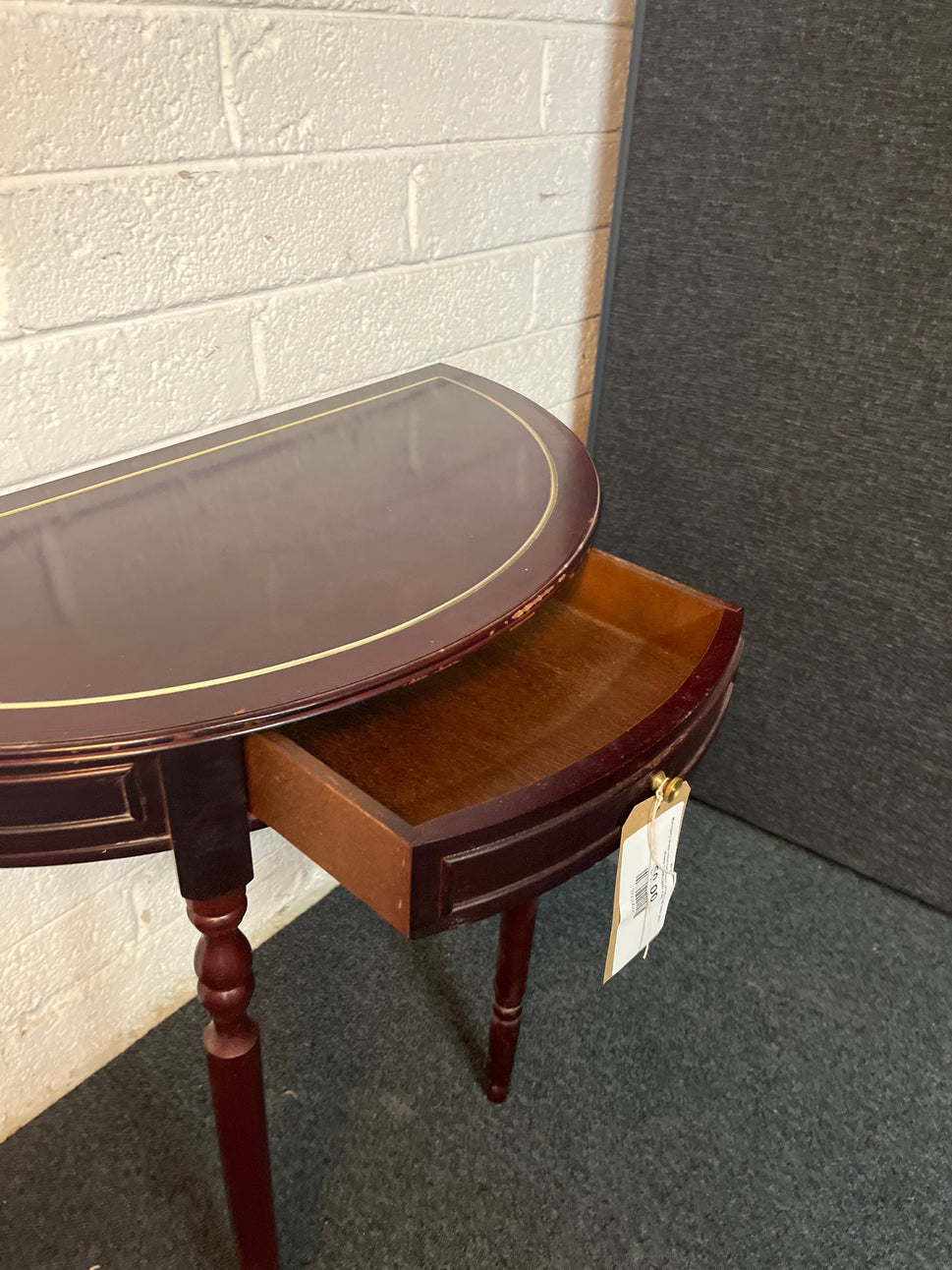 Mahogany brass inlaid half moon ornate hall table with drawer 750Wx380D 2225
