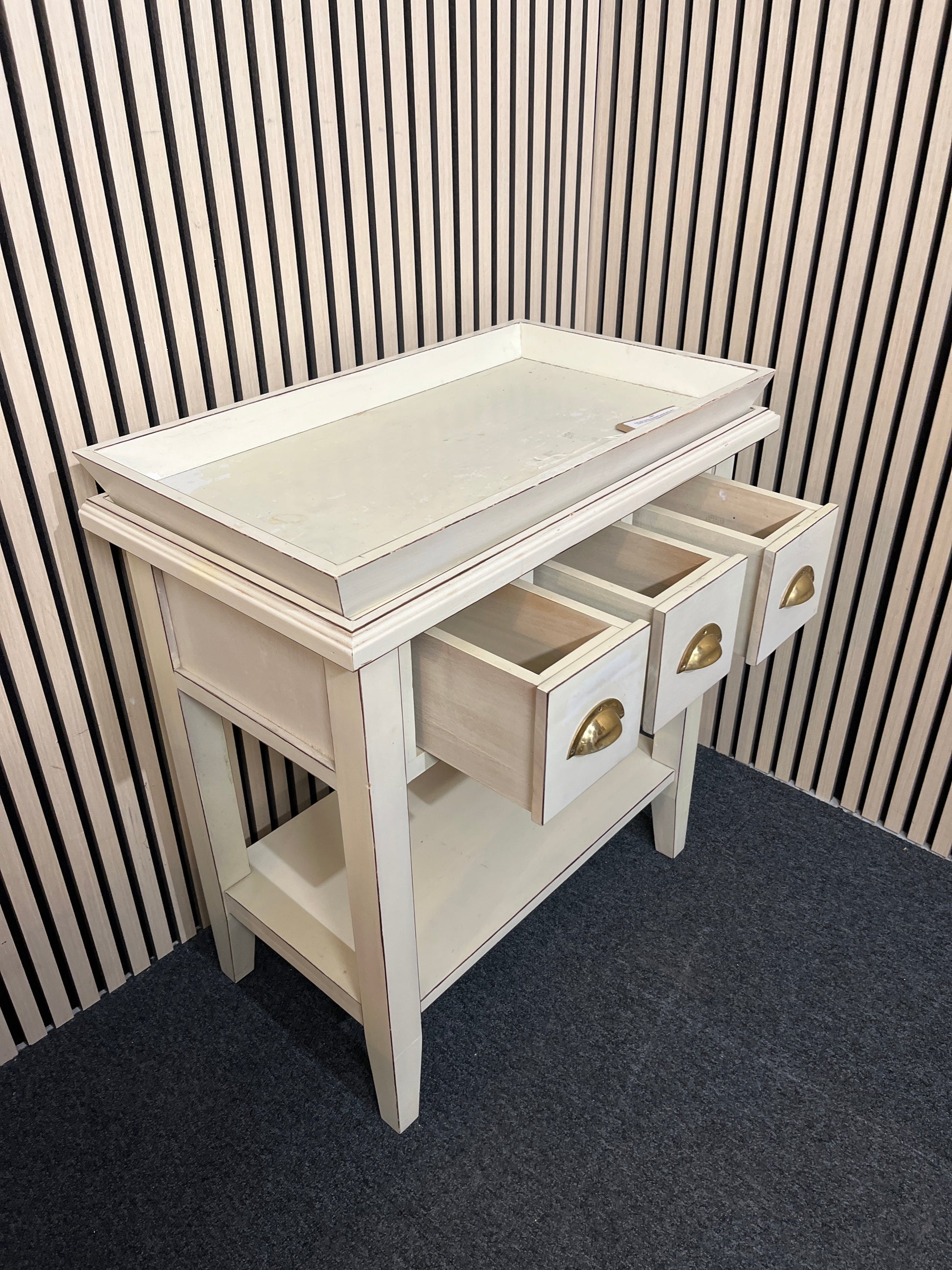 Palet green painted occasional console table with 3 drawers and removal tray top 82Hx75Wx43D 3325
