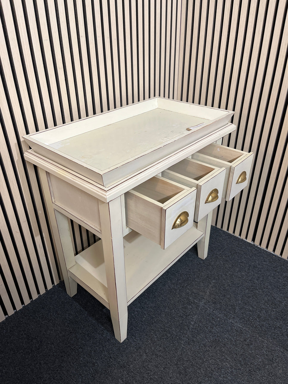 Palet green painted occasional console table with 3 drawers and removal tray top 82Hx75Wx43D 3325