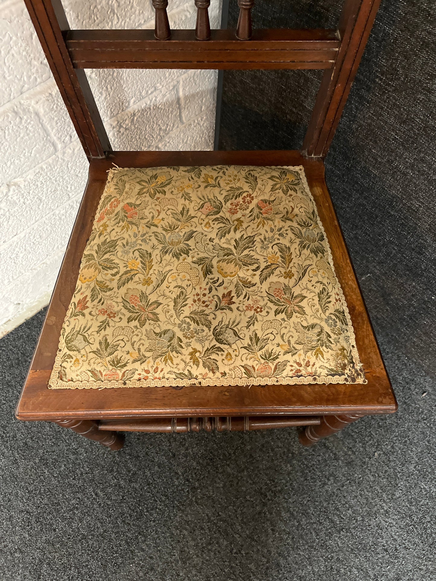 Solid wood stained ornate dining chair with tapestry seat fabric 1225