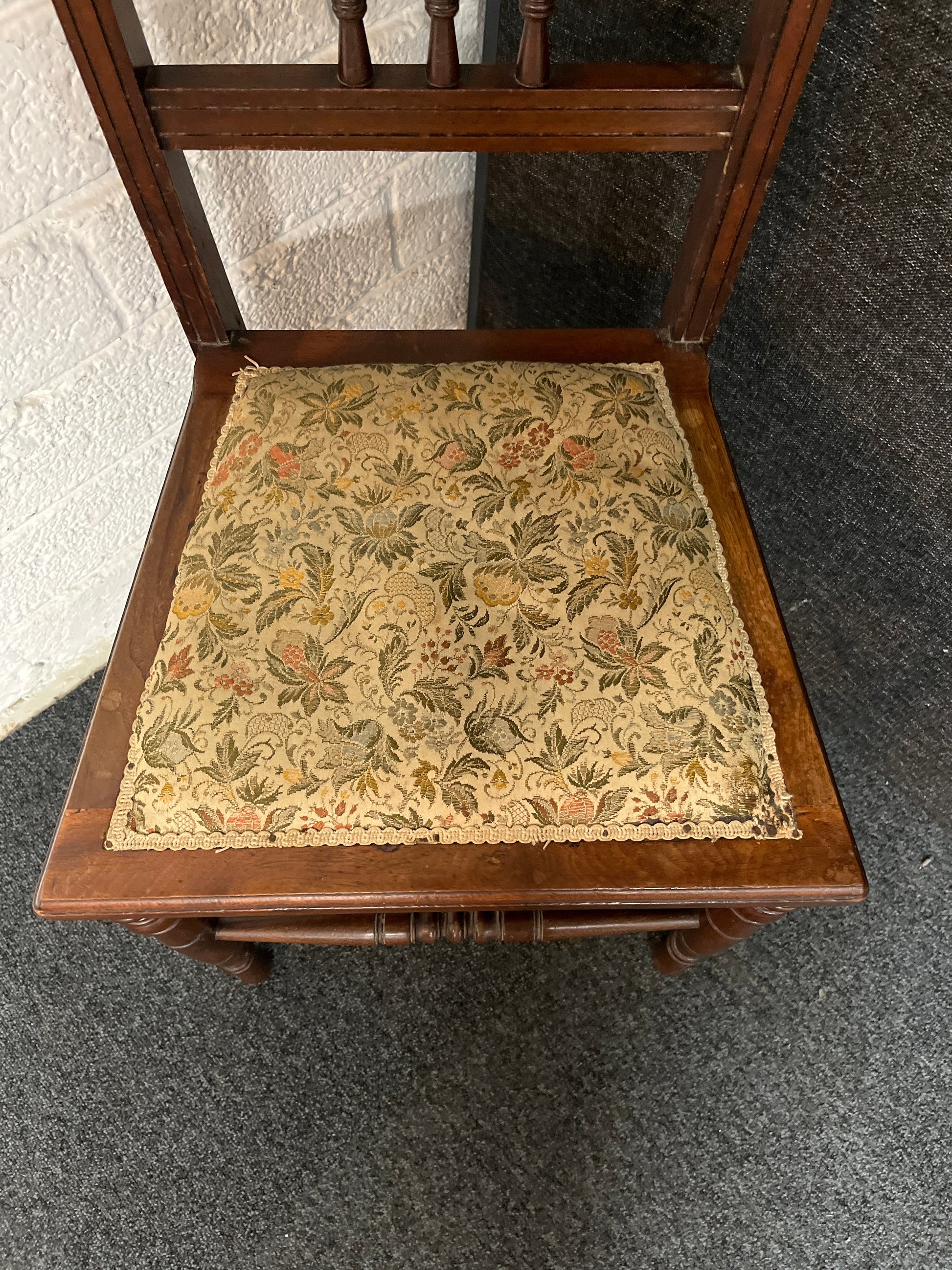 Solid wood stained ornate dining chair with tapestry seat fabric 1225