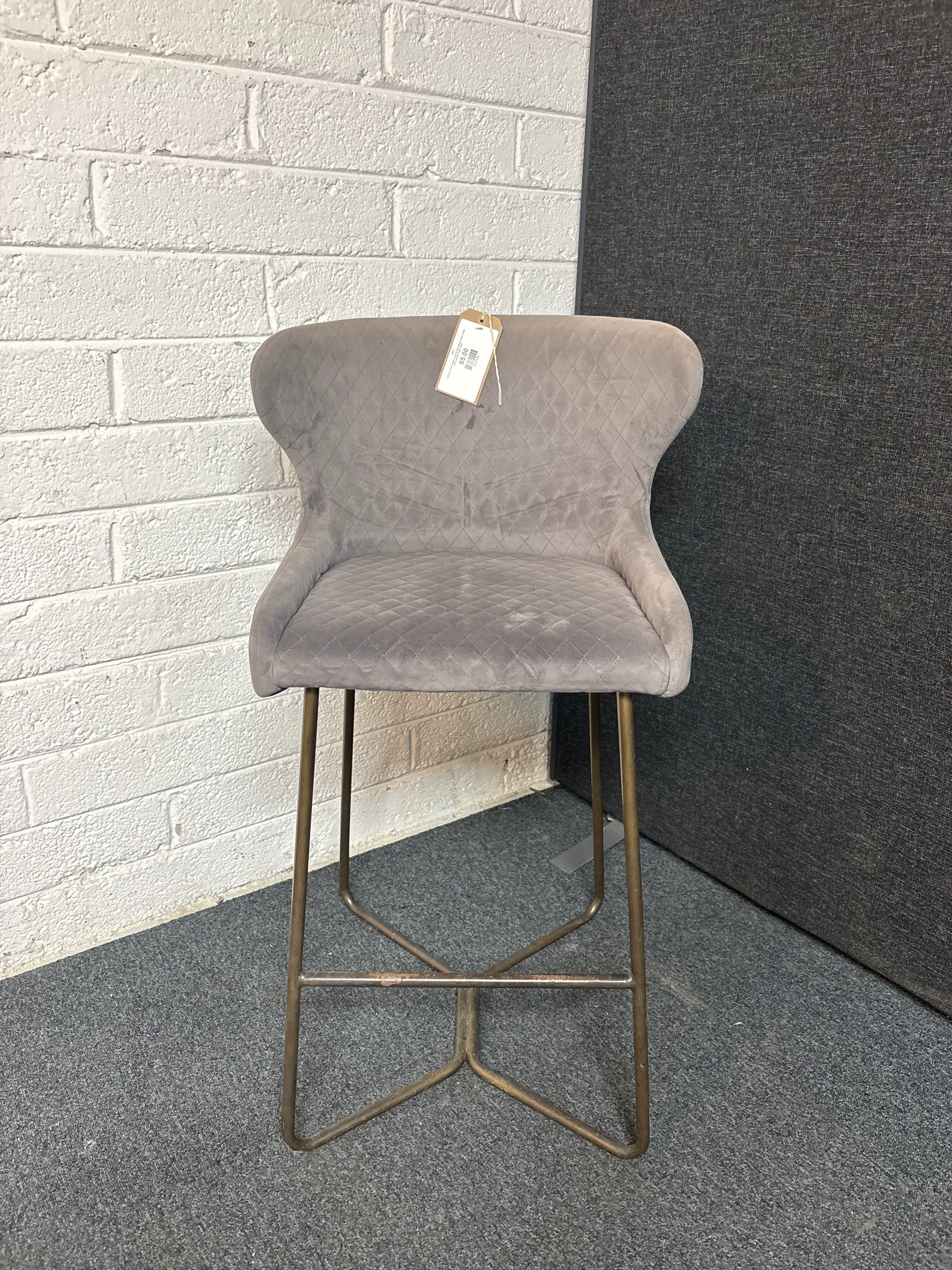 Tall grey velour fabric curved back tall bar stool, metal dark painted frame  3225