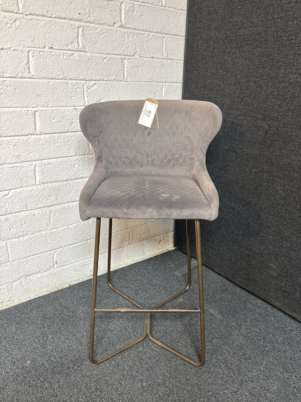Tall grey velour fabric curved back tall bar stool, metal dark painted frame  3225