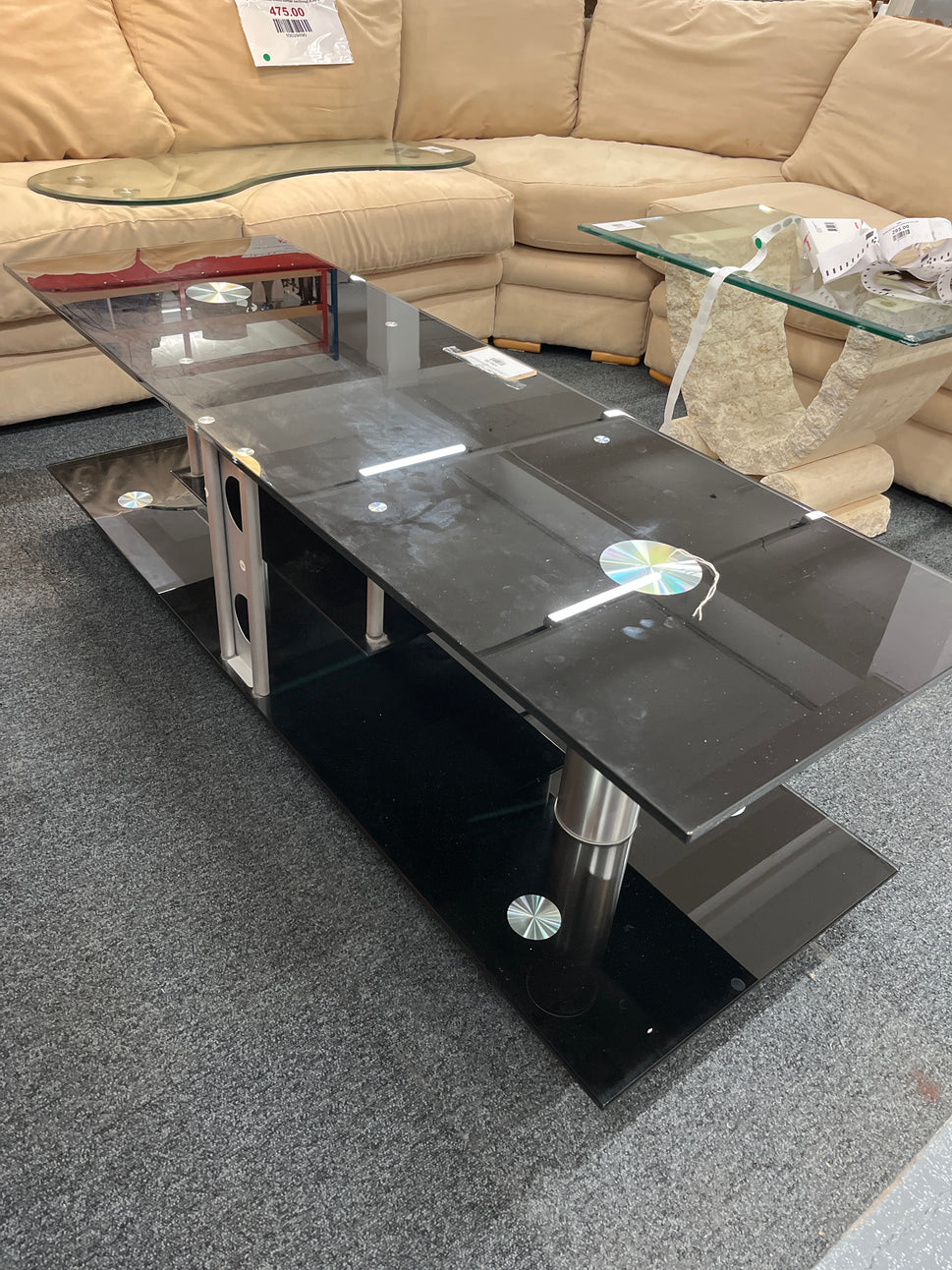 Black glass large tiered TV unit (H 48 x W 150 x D 50 cm) 2225