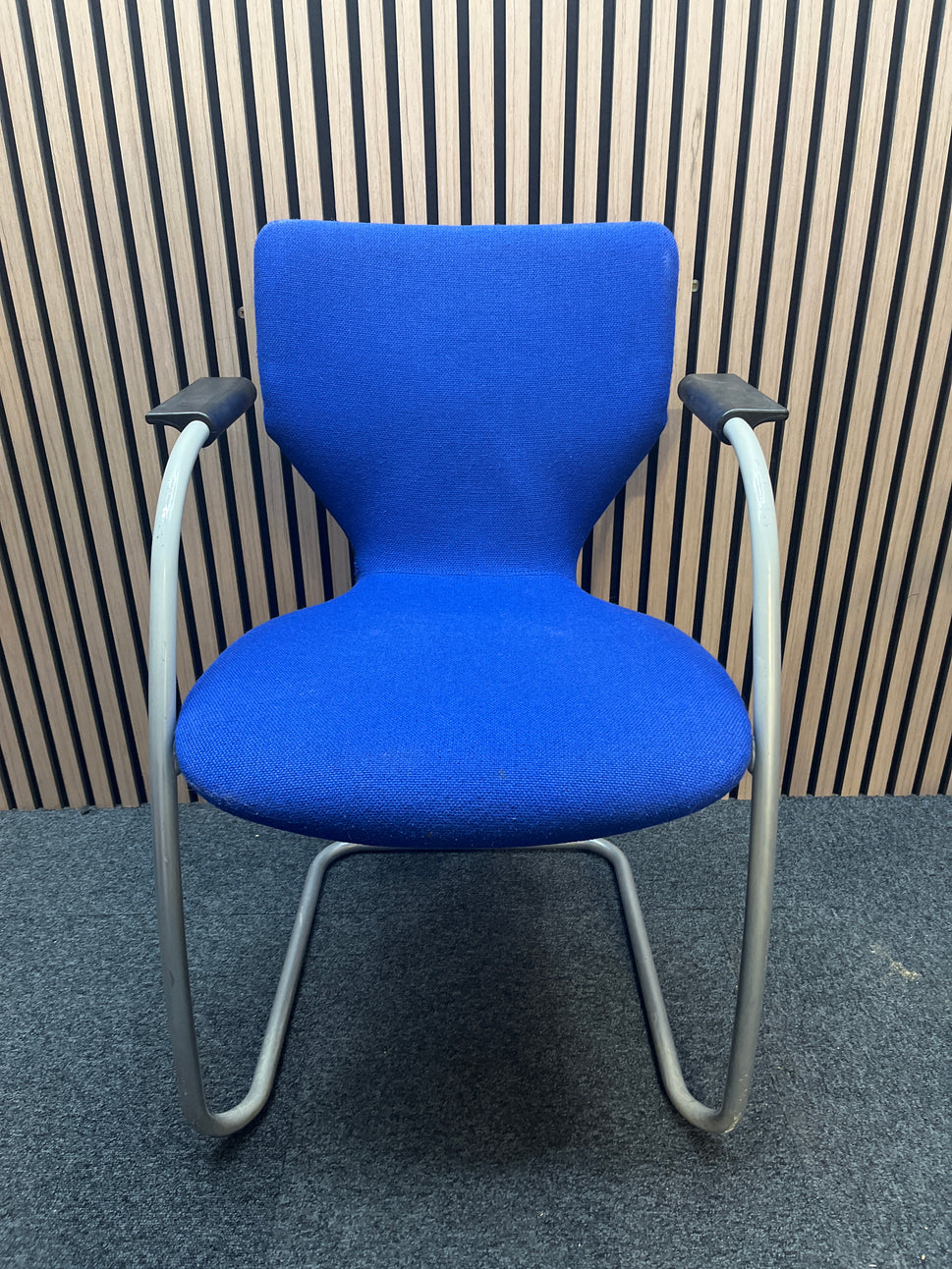 Orangebox Dark blue high back cantilever meeting chair with arms, grey powder coat metal frame. Qty of 3 no. matching. Price inc VAT