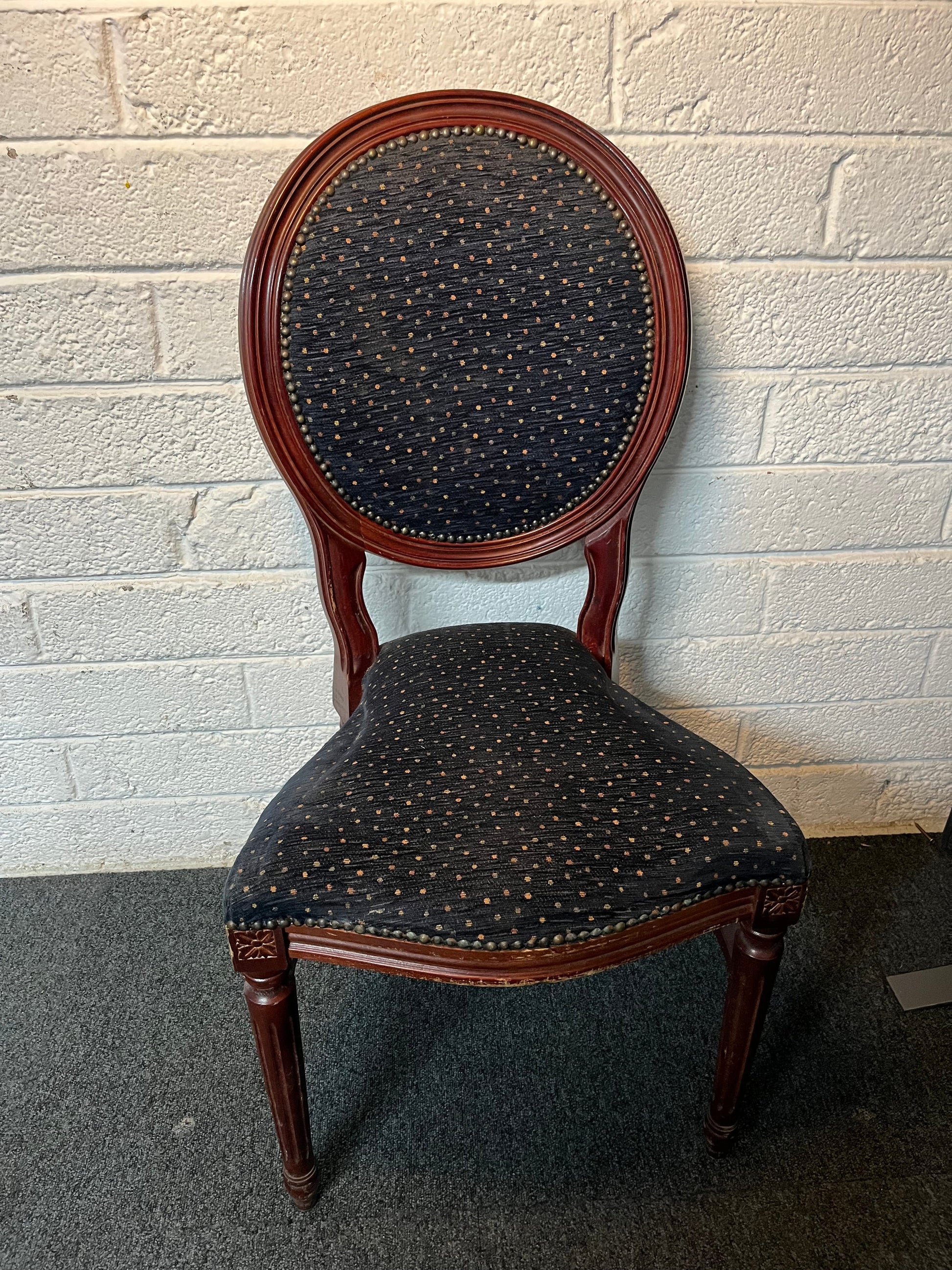 Solid dark wood stained curved back ornate dining chair with navy pattern fabric seat and back. 6 no. matching in stock 3225
