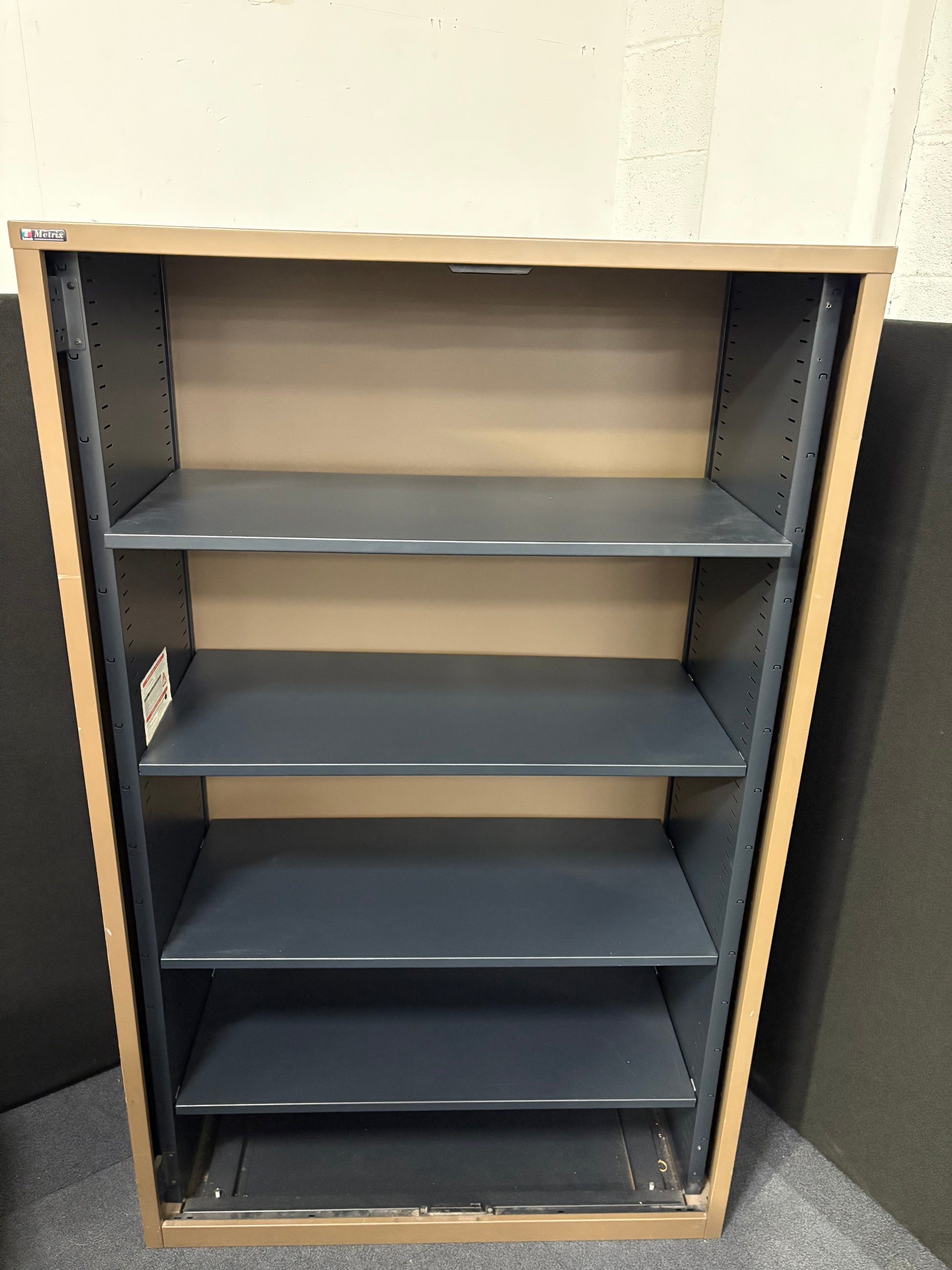 Secondhand Triumph Metrix tall metal storage unit, dark brown colour with shelves 1000Wx470Dx14620H