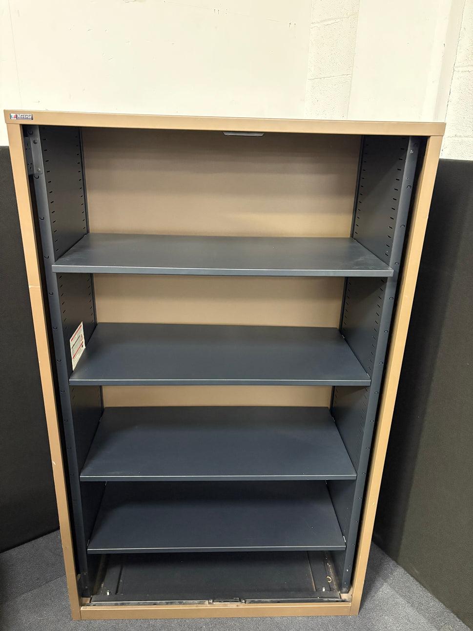 Secondhand Triumph Metrix tall metal storage unit, dark brown colour with shelves 1000Wx470Dx14620H