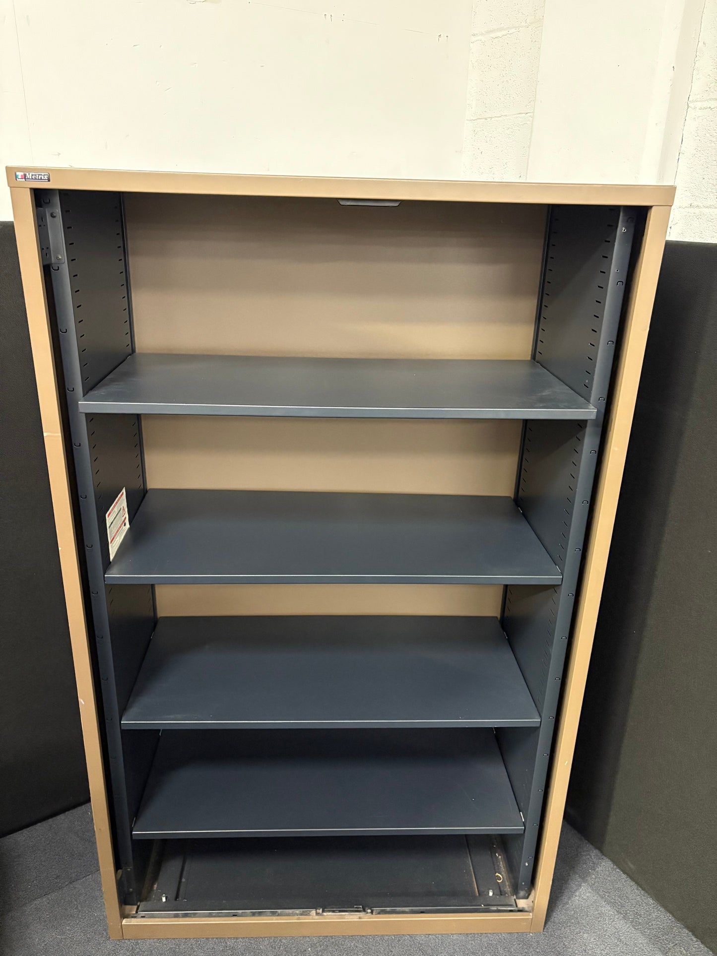 Secondhand Triumph Metrix tall metal storage unit, dark brown colour with shelves 1000Wx470Dx14620H