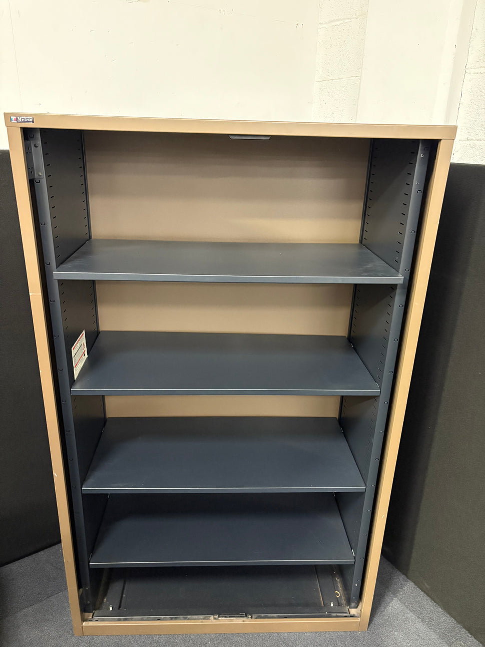 Secondhand Triumph Metrix tall metal storage unit, dark brown colour with shelves 1000Wx470Dx14620H