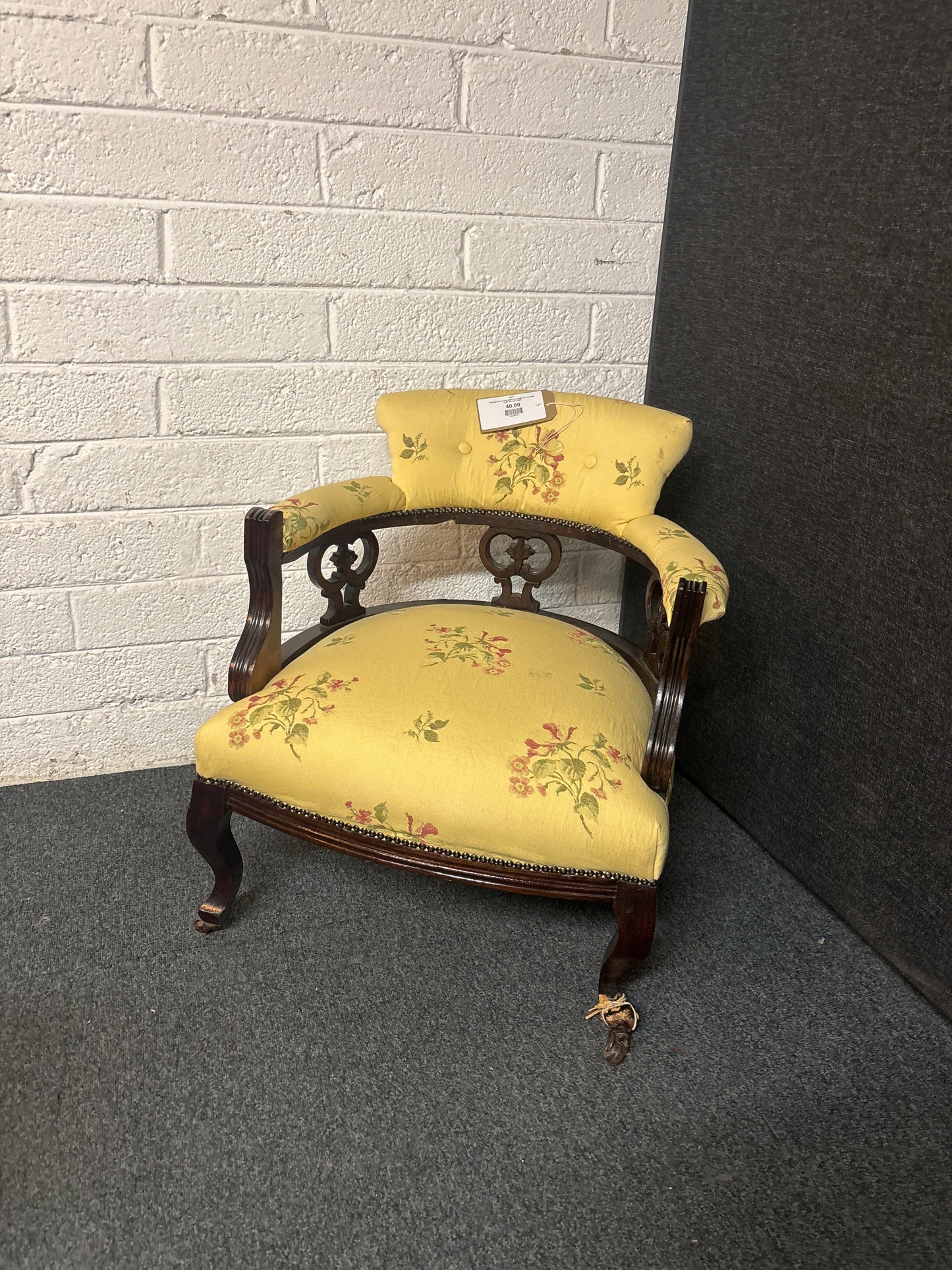 Mahogany framed low button back bedroom chair with cream mix fabric 3225