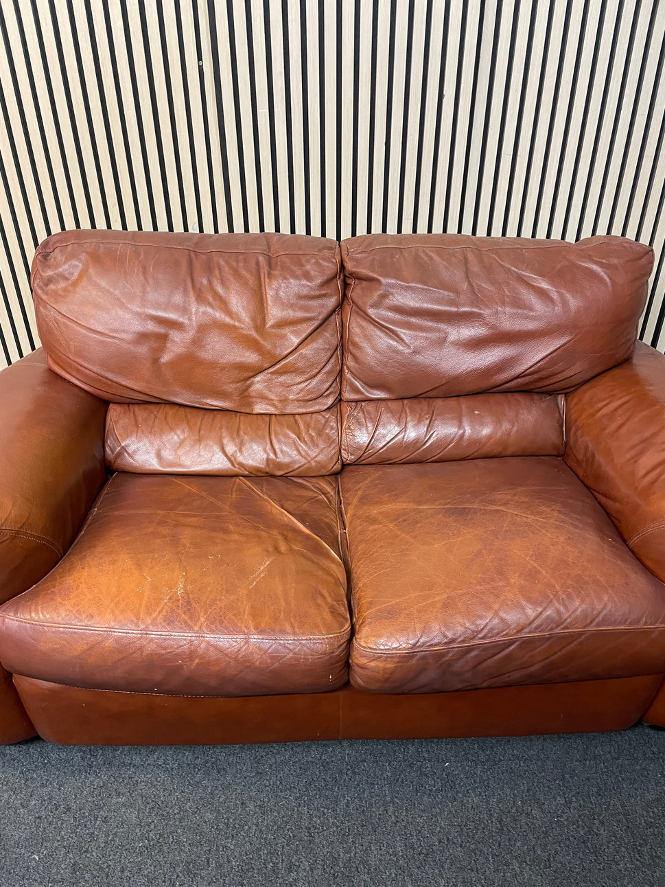 2 seater real tan leather sofa (165cm wide) 2425