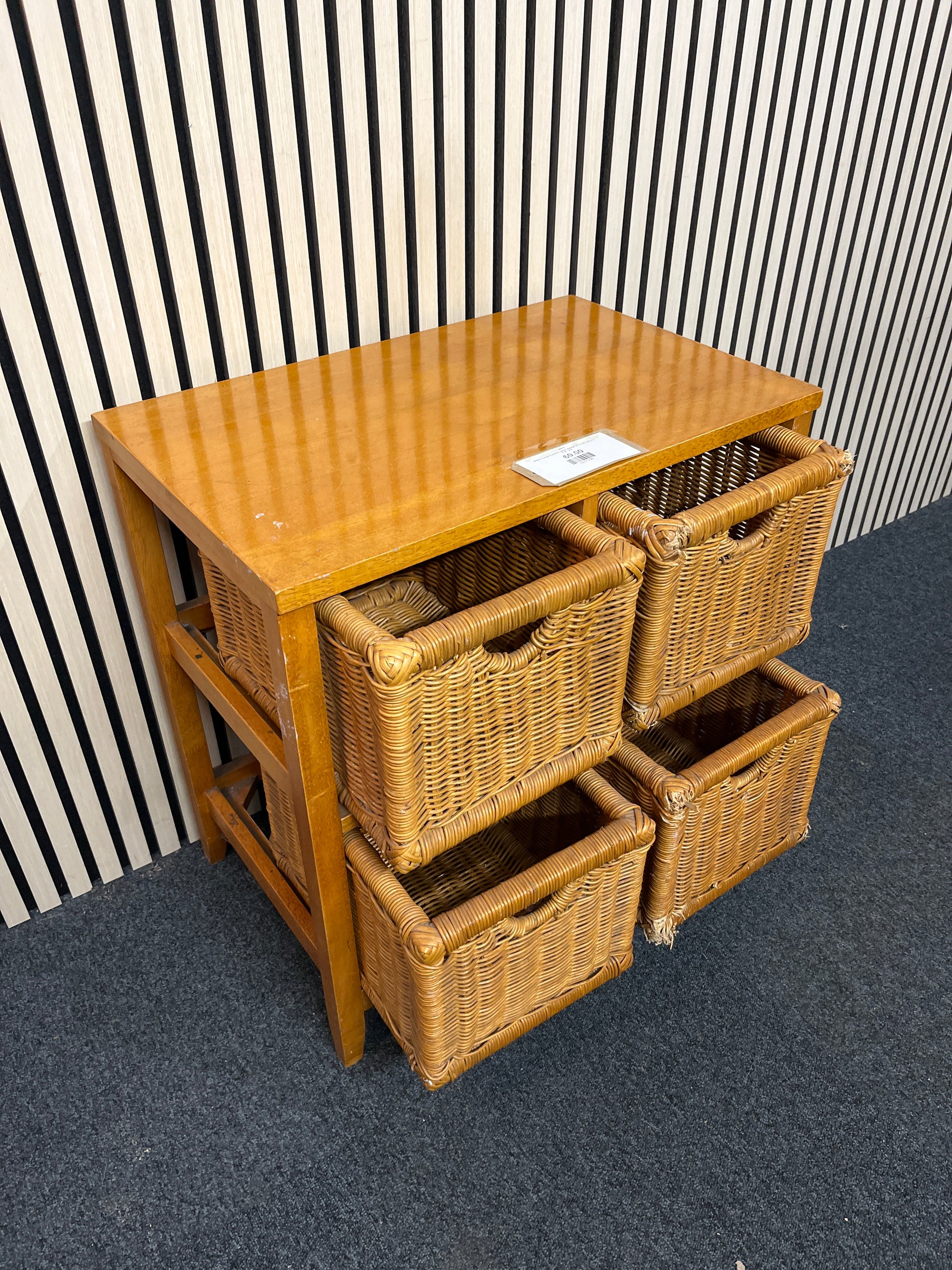 Beech framed 4 section rattan storage unit (H 64 x W 61 x D 39  cm)