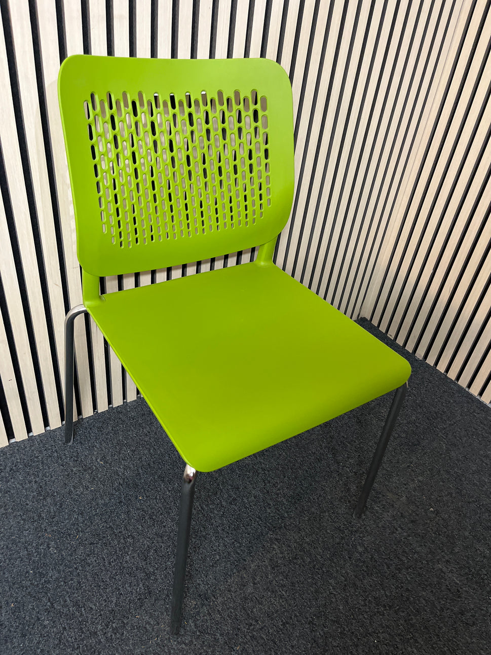 Low chrome framed cafe chair with polyprop lime green seat and back 1425