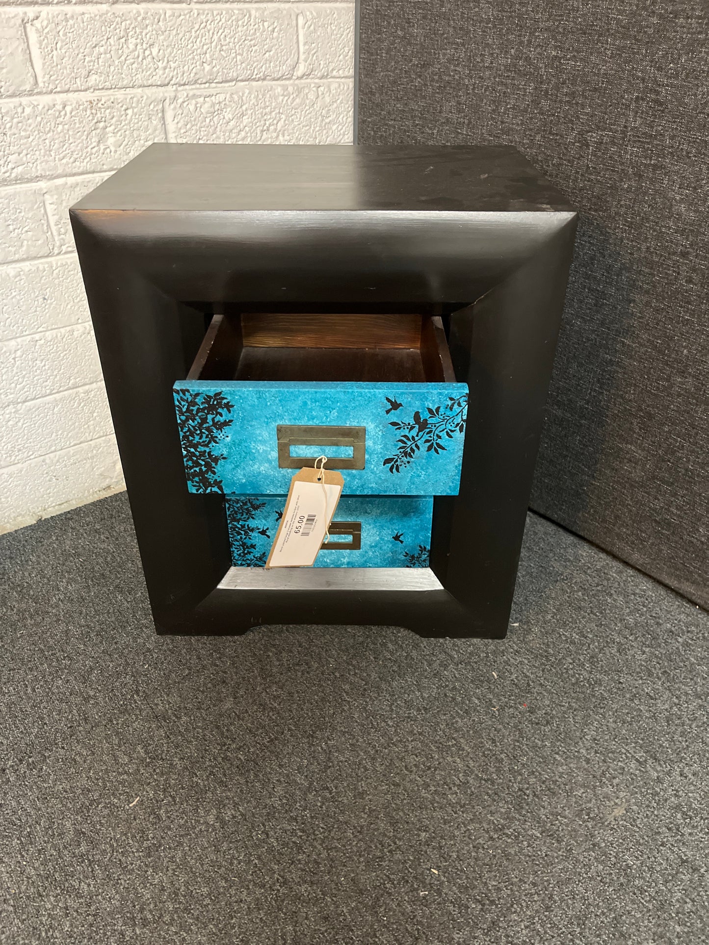 Black painted large 3 drawer bedside locker with blue floral detailing on the drawers 3225