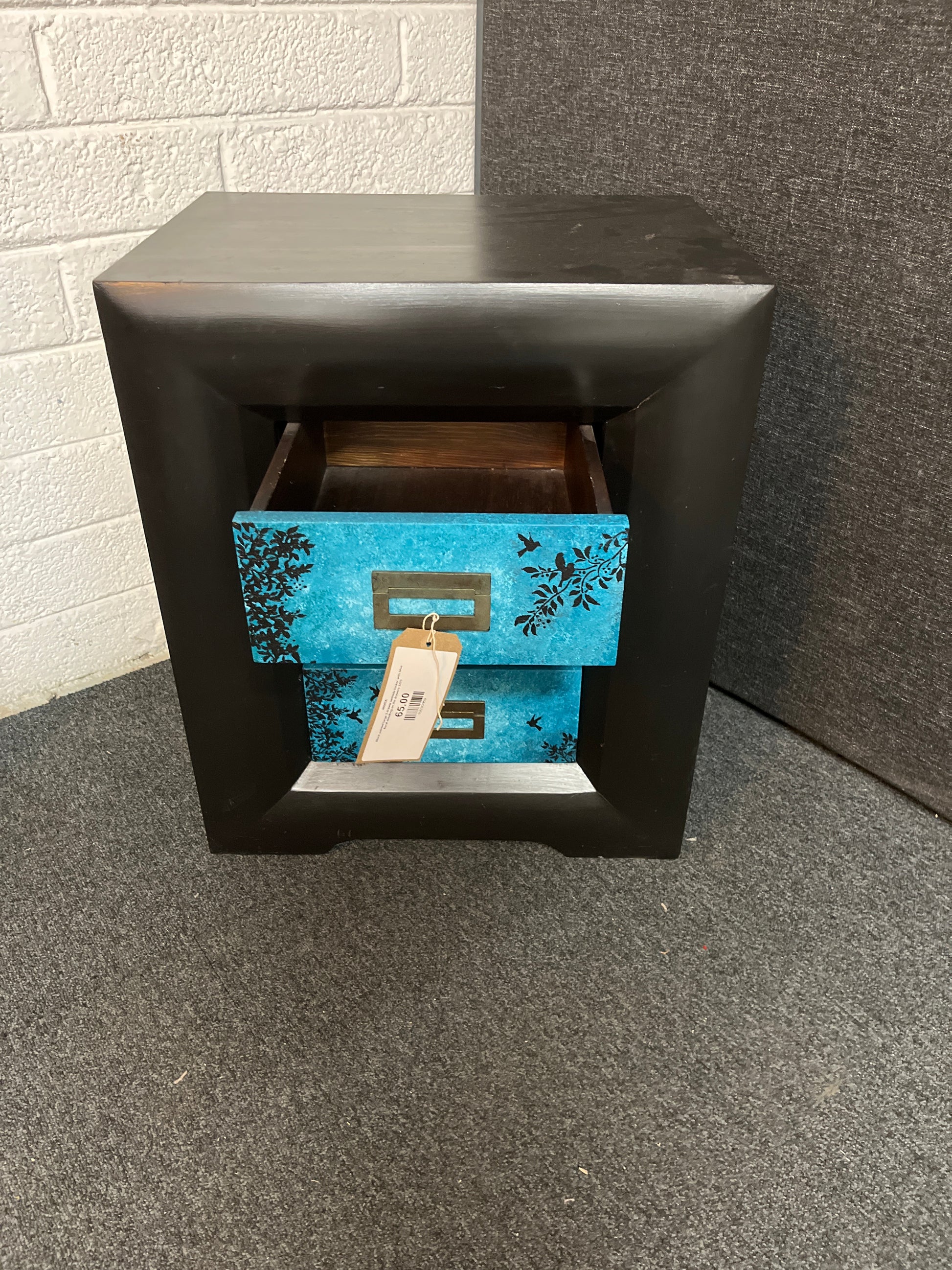 Black painted large 3 drawer bedside locker with blue floral detailing on the drawers 3225