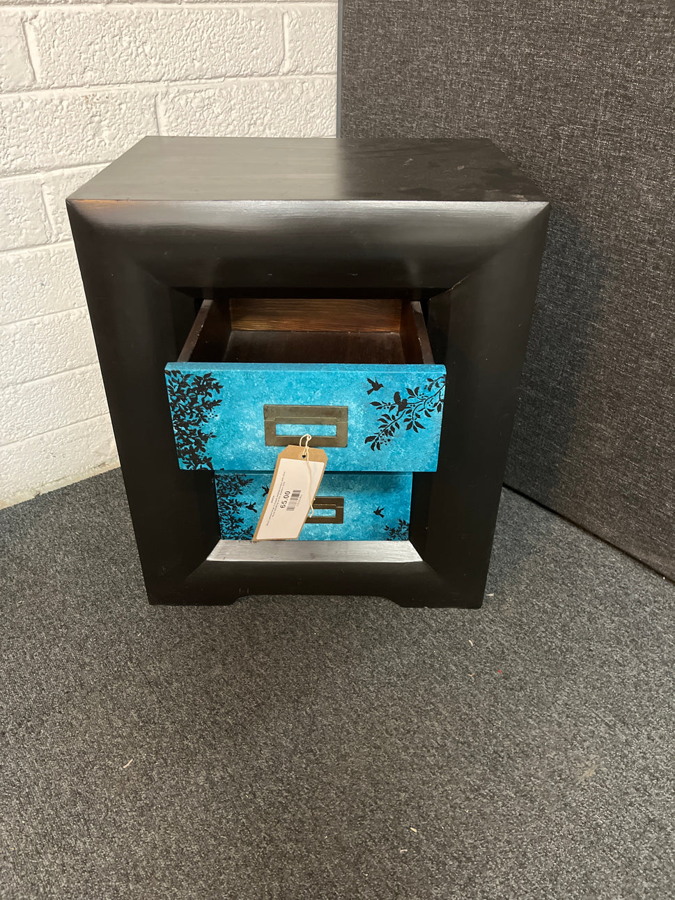 Black painted large 3 drawer bedside locker with blue floral detailing on the drawers 3225