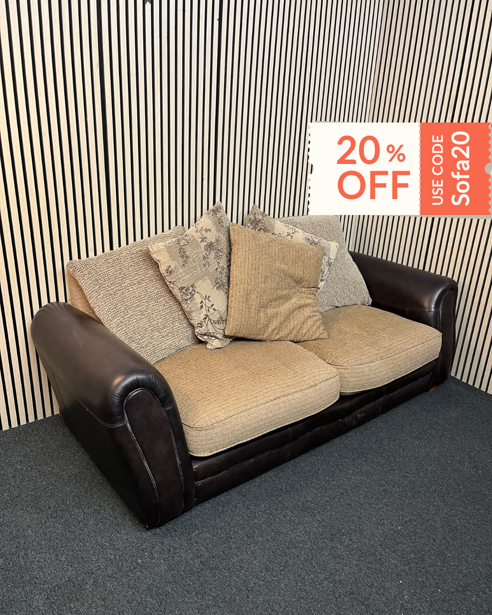 2 Seater sofa brown leatherette framed, brown mix fabric cushions
WAS €195 1126