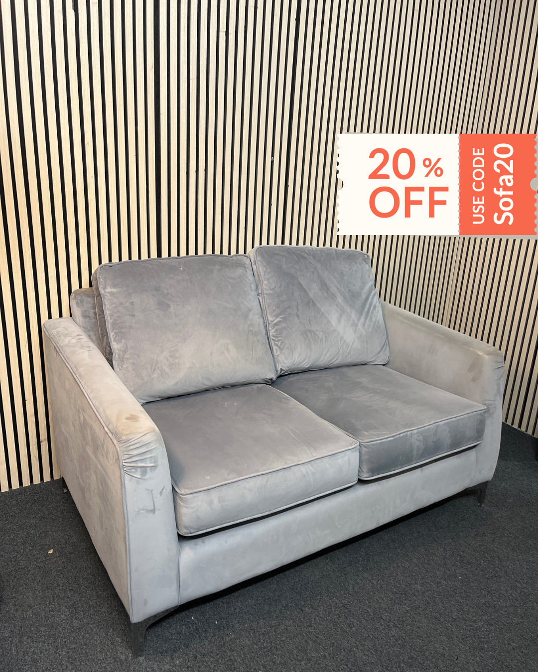 2 seater light grey suede effect high back sofa 3126