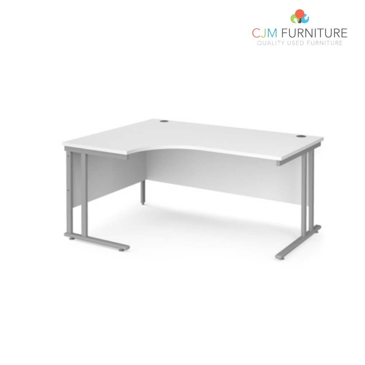 1600x1200 LEFT hand WHITE radial cantilever desk with silver metal framed legs