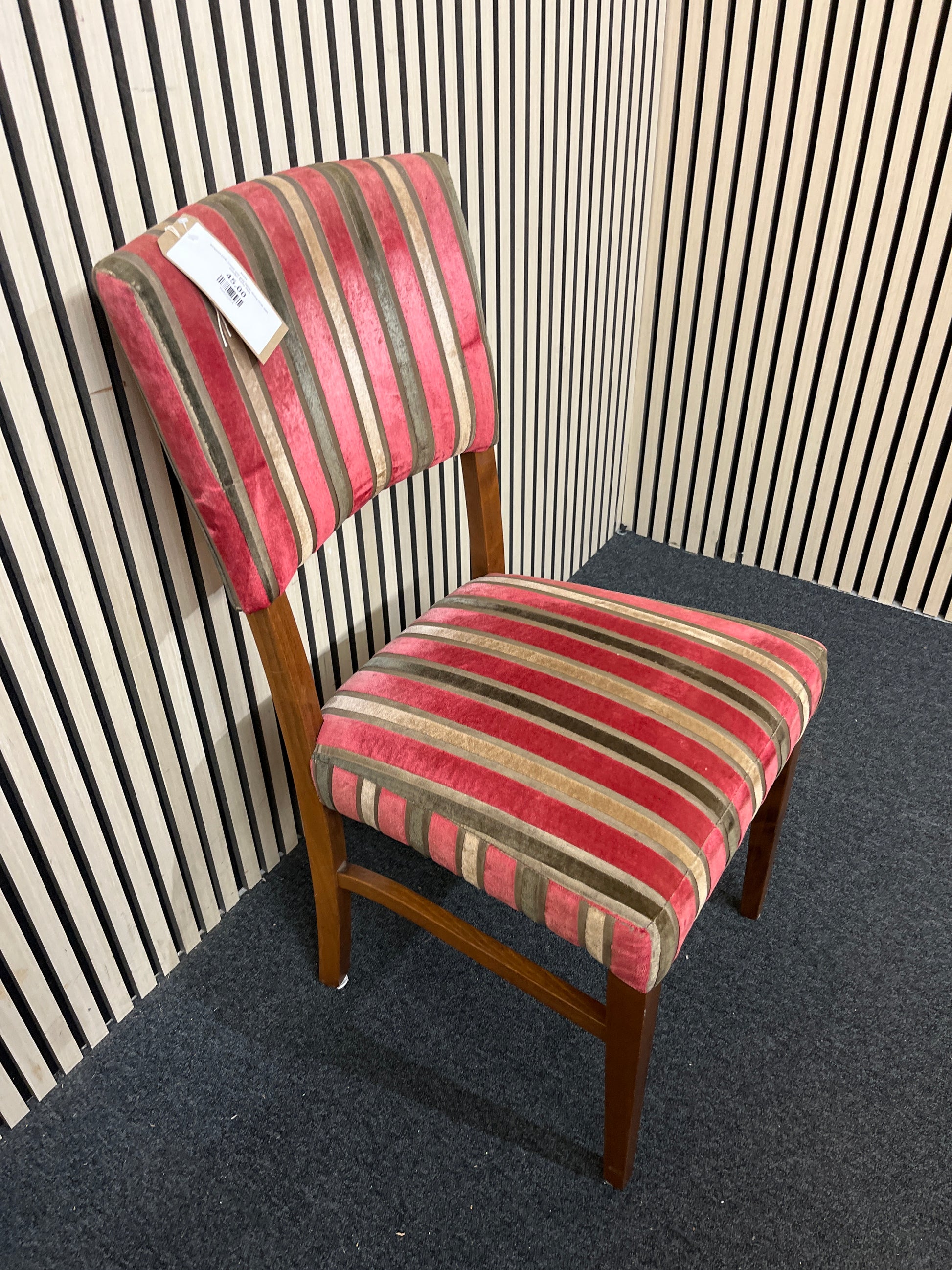 Stripped pink, cream and grey fabric dining chair with wooden frame 2425