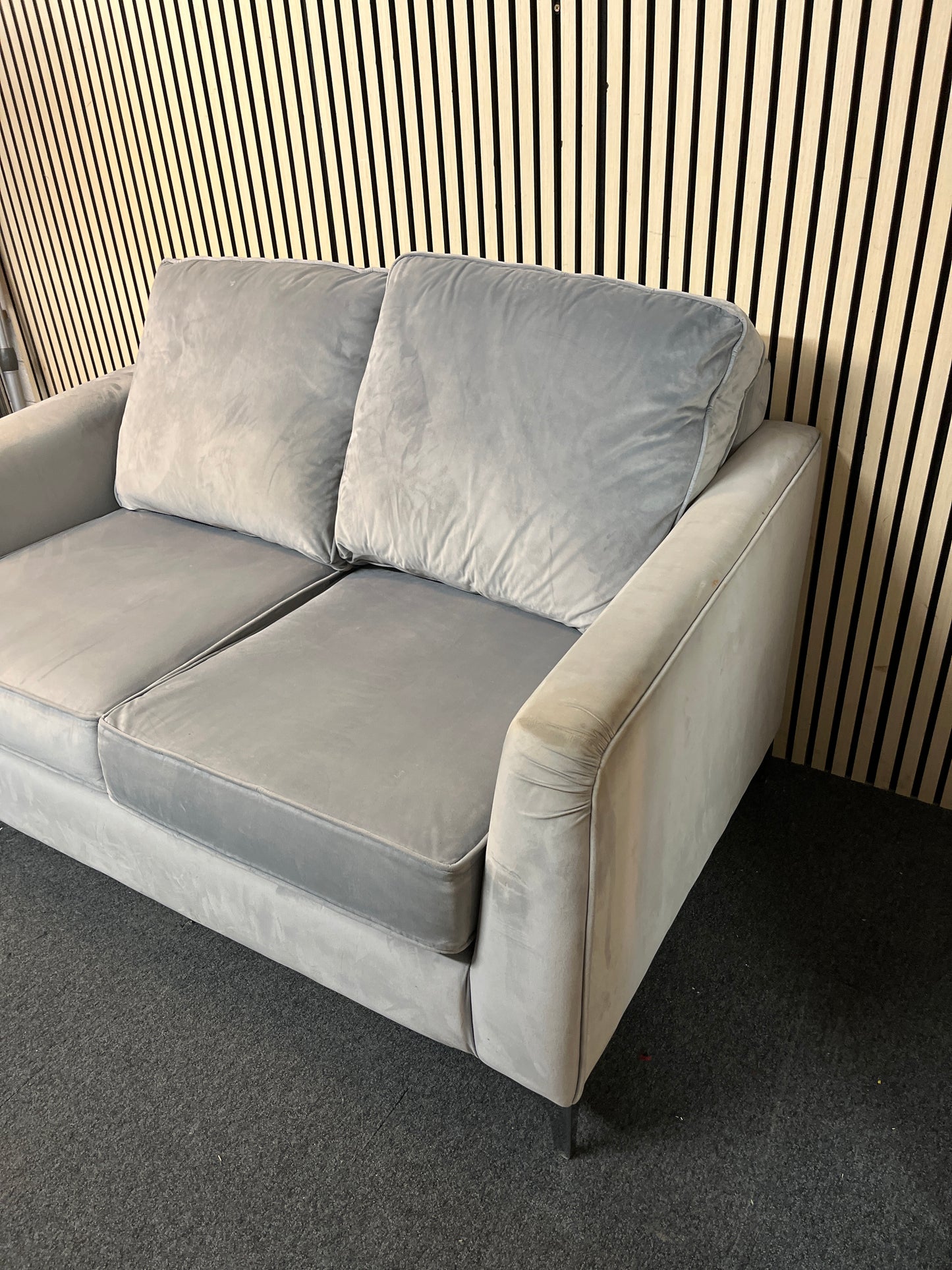 2 seater light grey suede effect high back sofa 3126