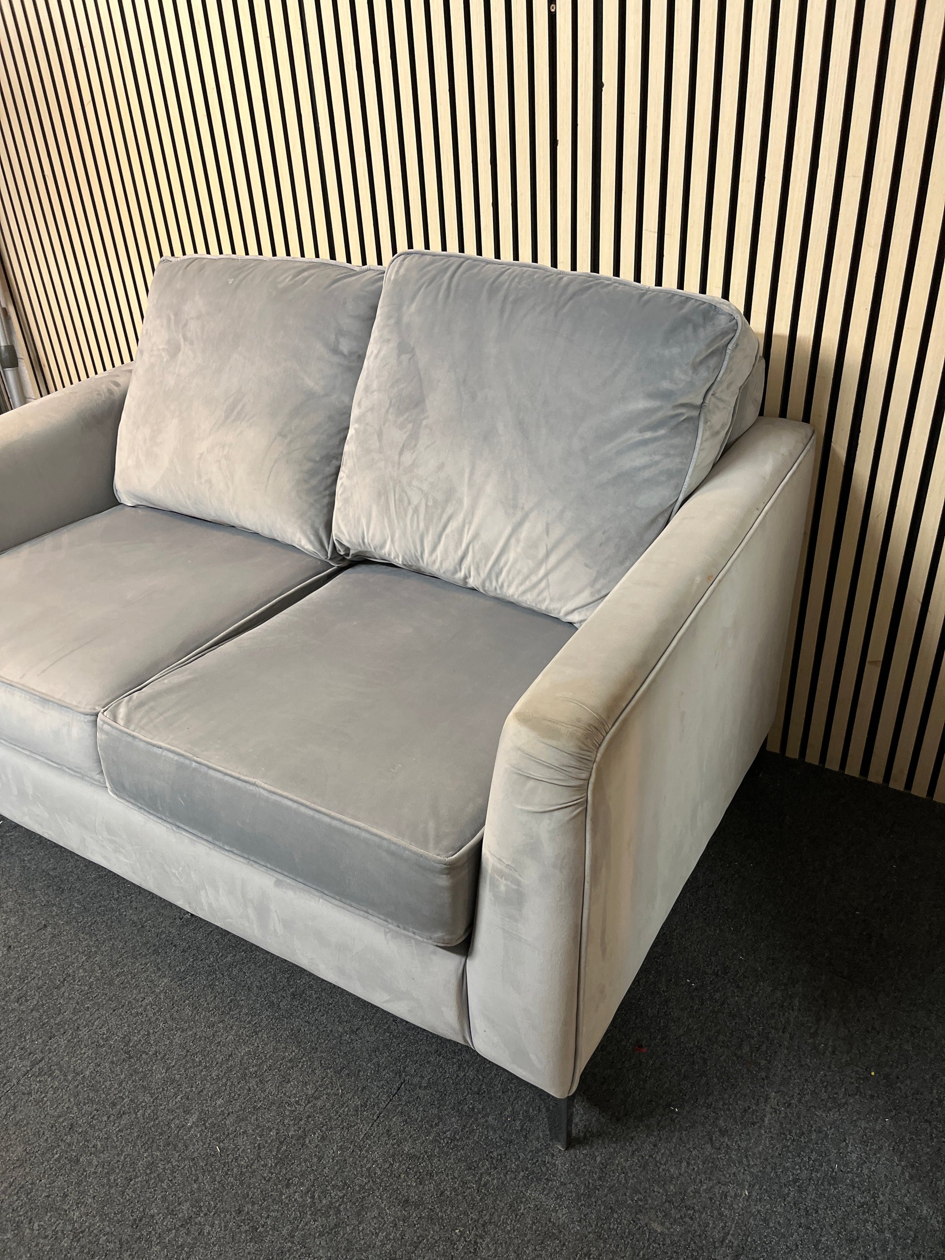 2 seater light grey suede effect high back sofa 3126