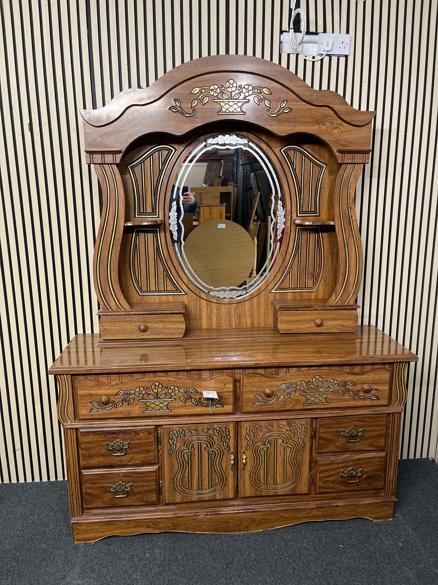 Ornate dark wood laminate mirrorered display unit with base storage ( H 210 x W 156 x D 46 cm)  44305