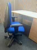(GRADE A) White and Oak 1400 x 800 desk with push press pedestal + (Grade A) Blue fabric swivel chair bundle