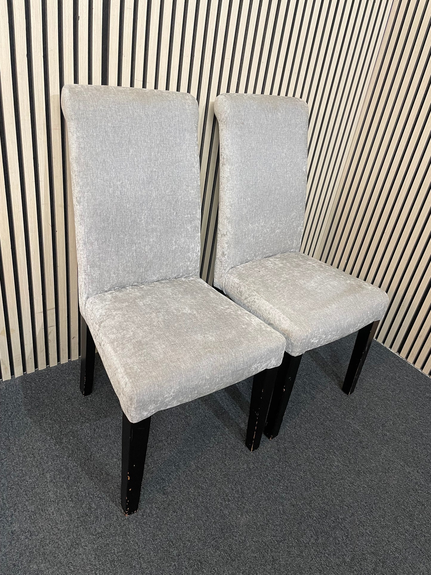 Pair of grey fabric upholstered dining chairs  3126