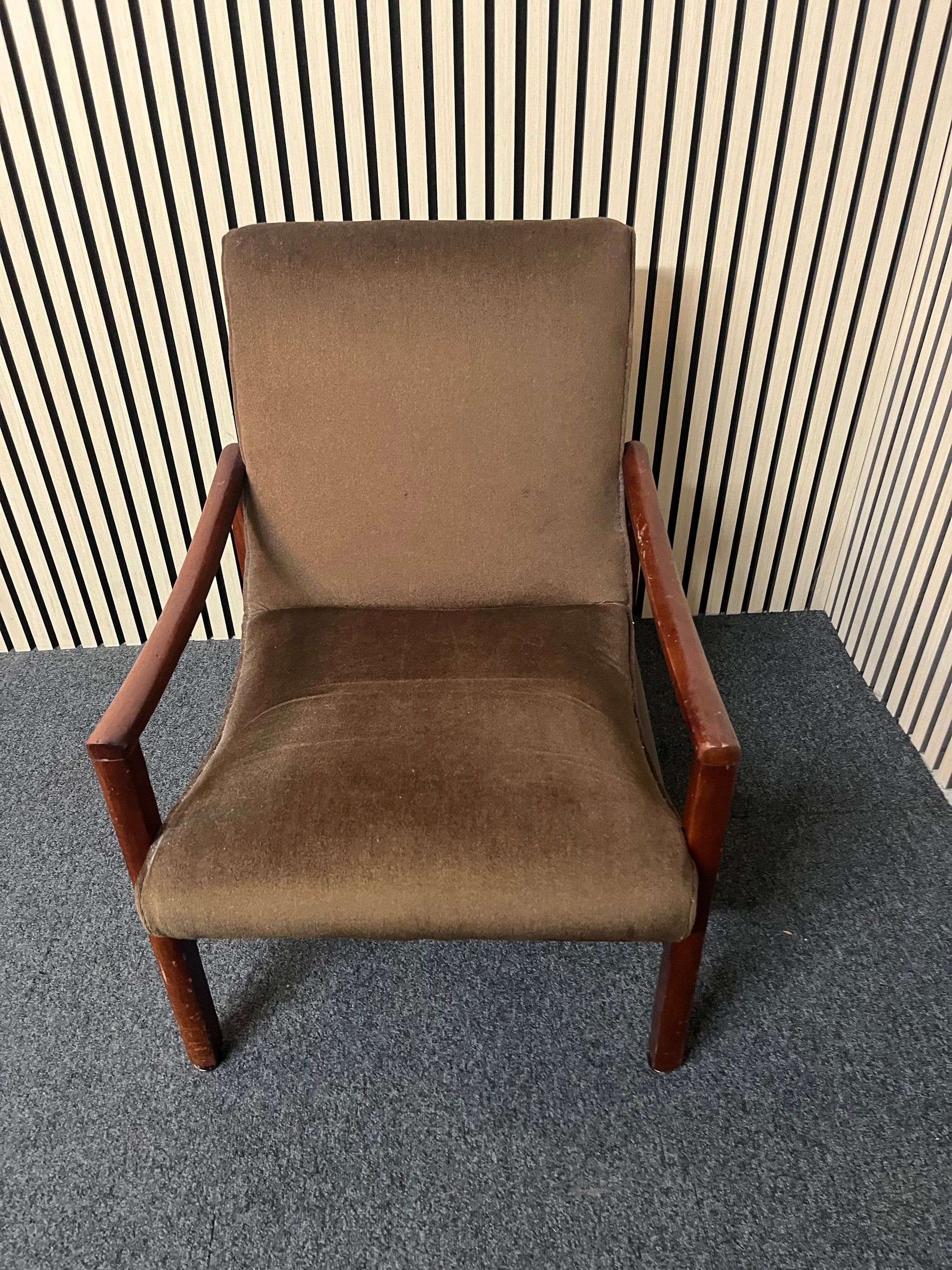 Solid teak stained armchairs, dark brown fabric 2325