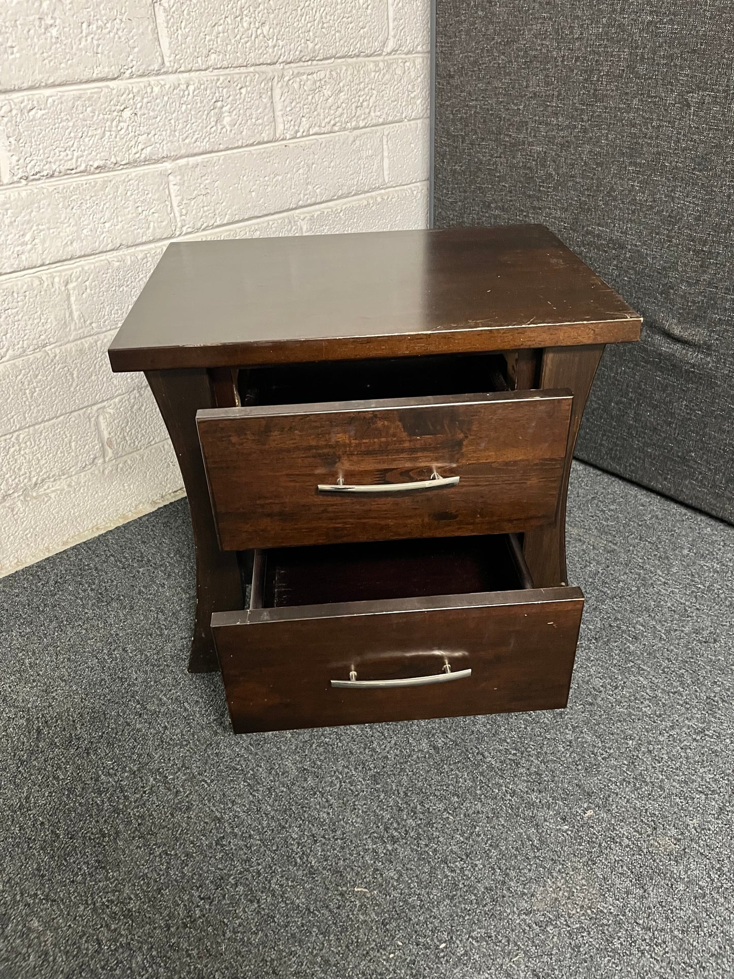 2 drawer dark wood stained bedside lockers  1225