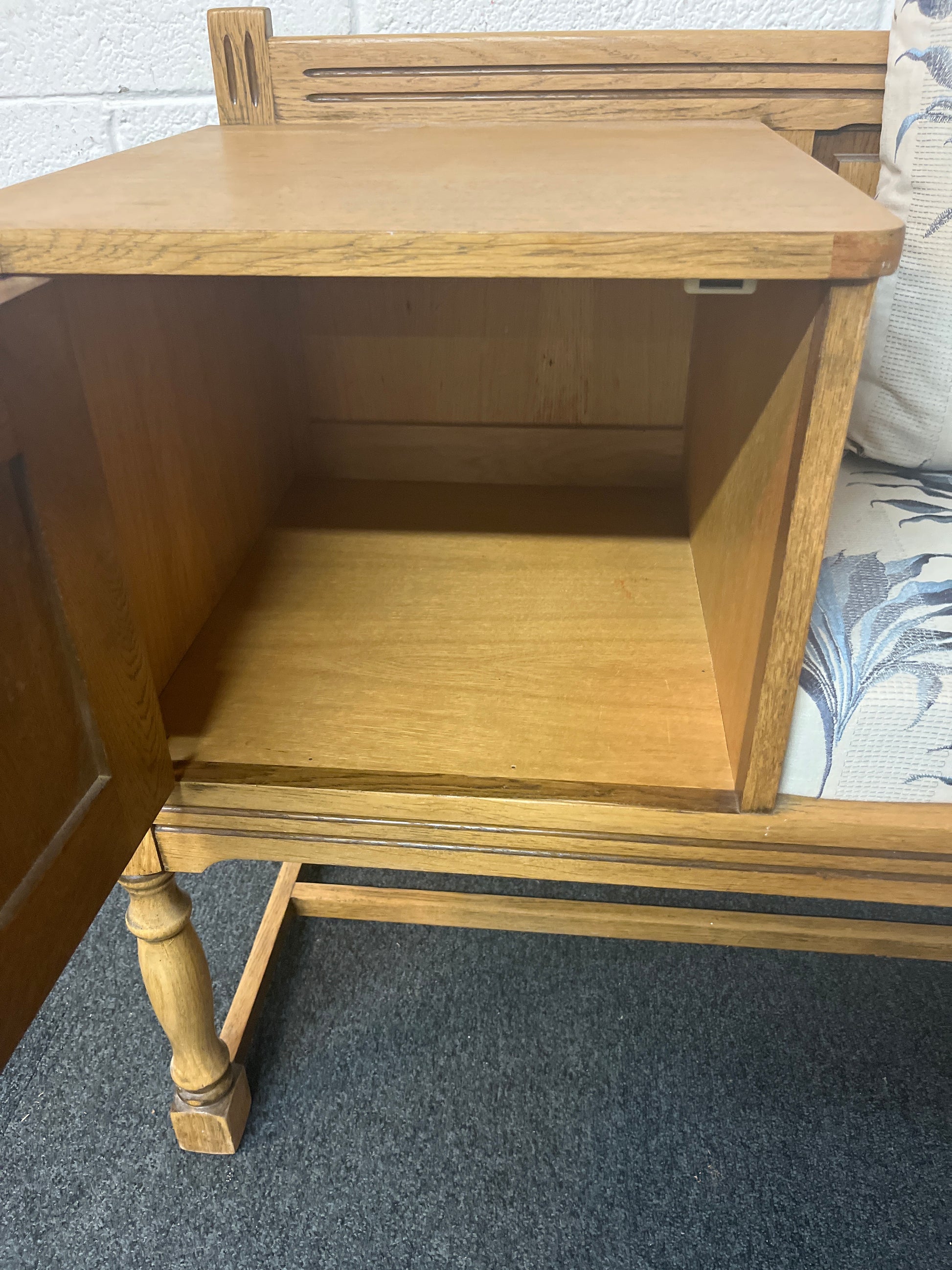 Oak telephone table with blue and cream floral fabric seat and storage drawer 1325