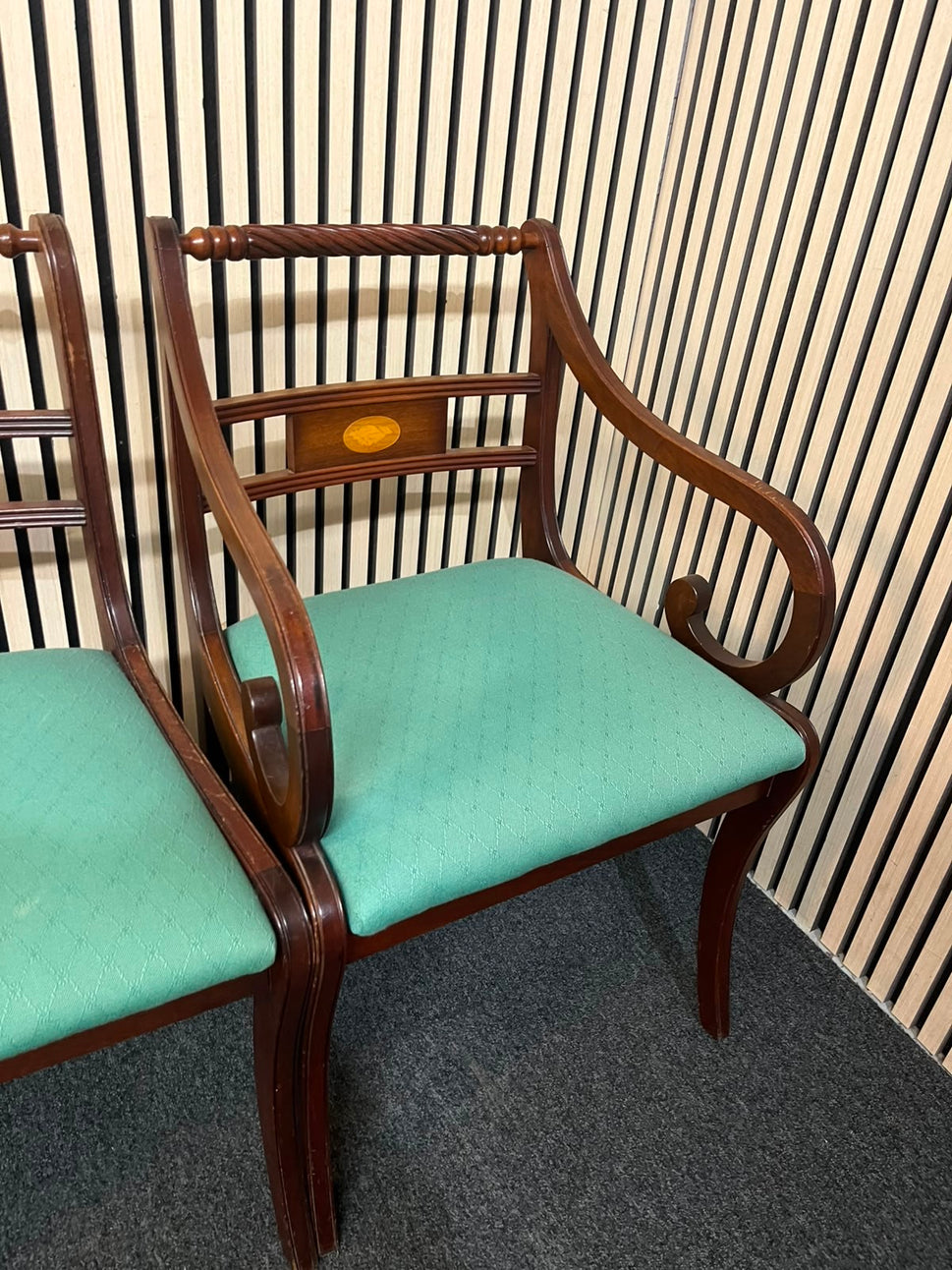 Ornate inlaid mahogany dining chair with teal fabric seat (SET OF 2 CARVERS AND 2 DINING CHAIRS) 43355